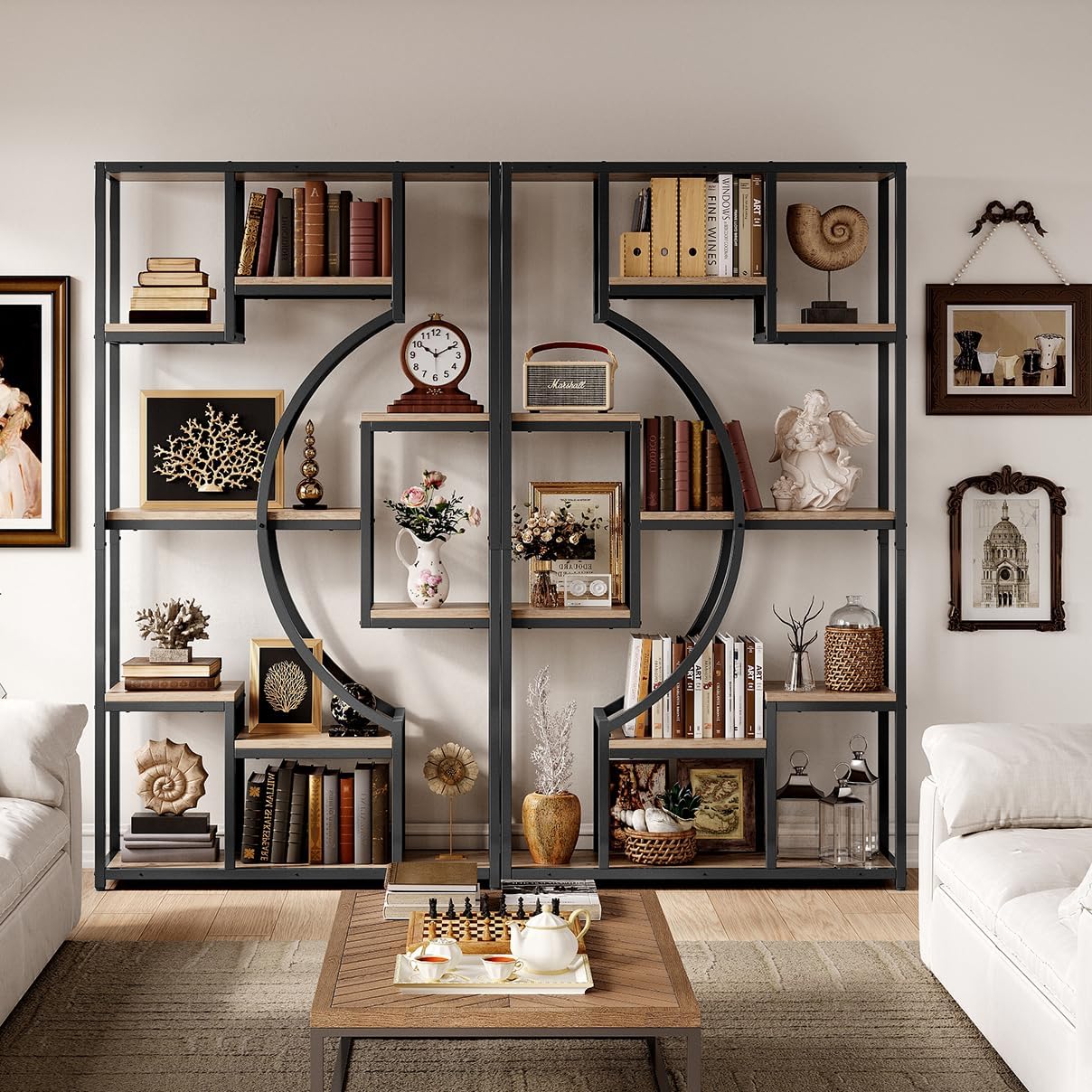 LGHM Industrial 5-Tier Bookshelf with Storage, 70.9 Inch Tall Large Display Bookcase - Modern Metal Standing Shelves for Living Room, Office and Bedroom, Set of 2, Greige