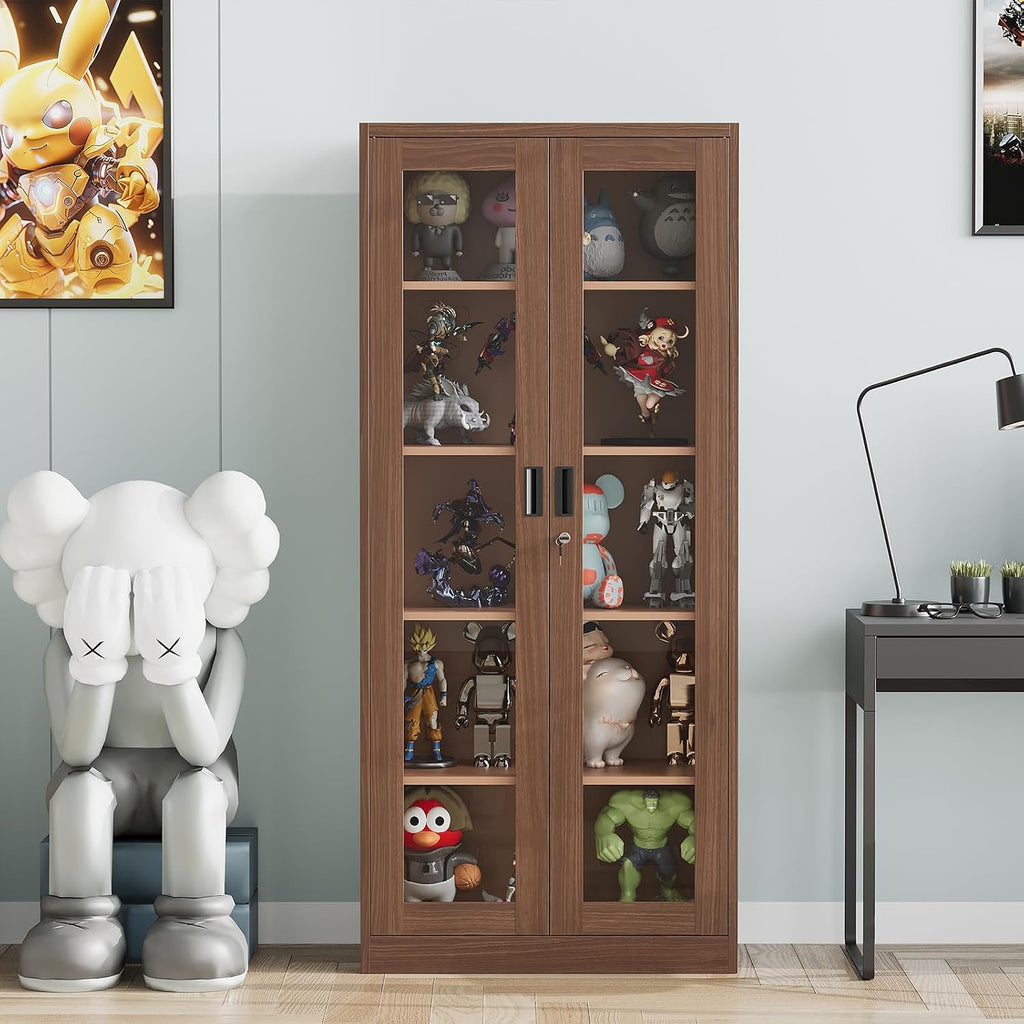 Display Cabinet with Glass Doors, Display Case Cabinet for Collectibles, Curio Display Cabinet with 4 Adjustable Shelves, 71' Glass Display Cabinet for Home Living Room (Wood Color)