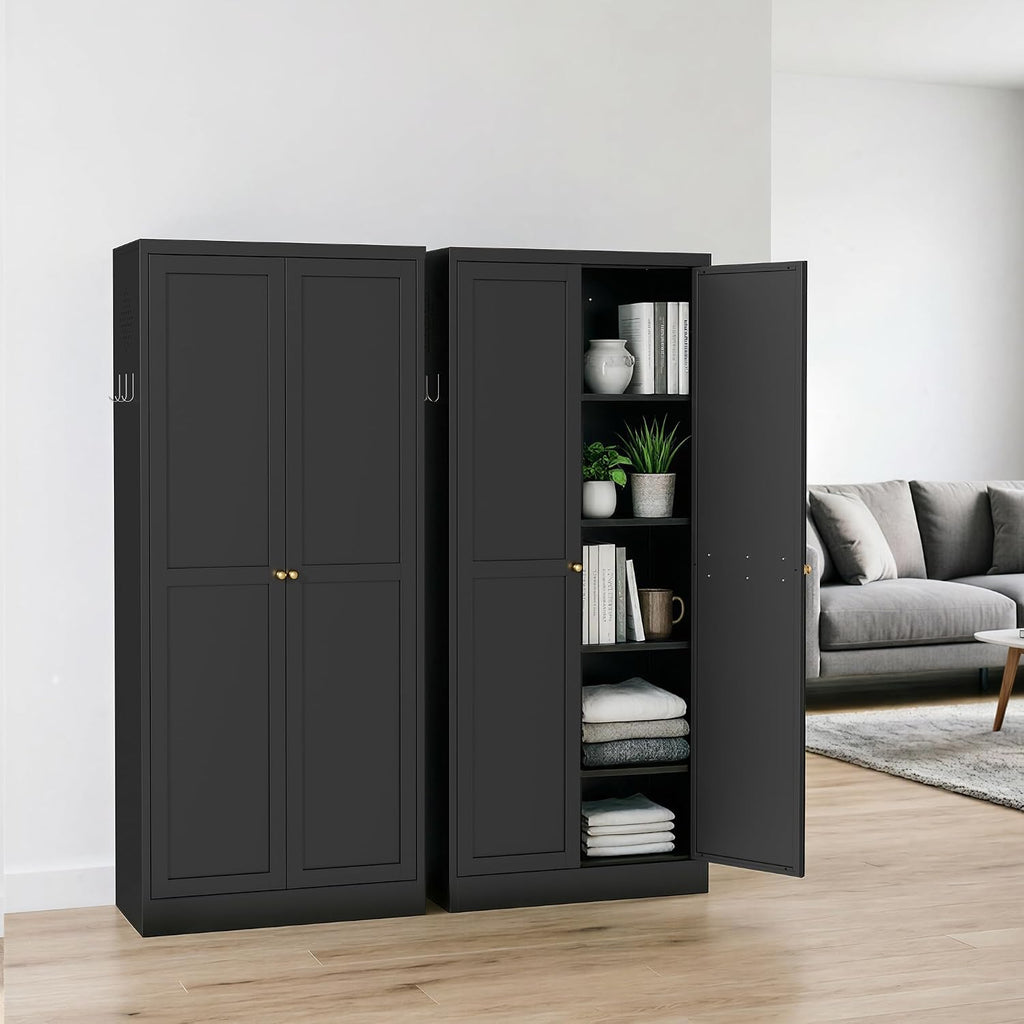 5-Tier Black Steel Pantry Storage Cabinet with 2 Doors & 4 Adjustable Shelves, Tall Metal Cabinets for Kitchen, Living Room, Garage, Heavy Duty Freestanding Utility Cabinet, Assembly Require