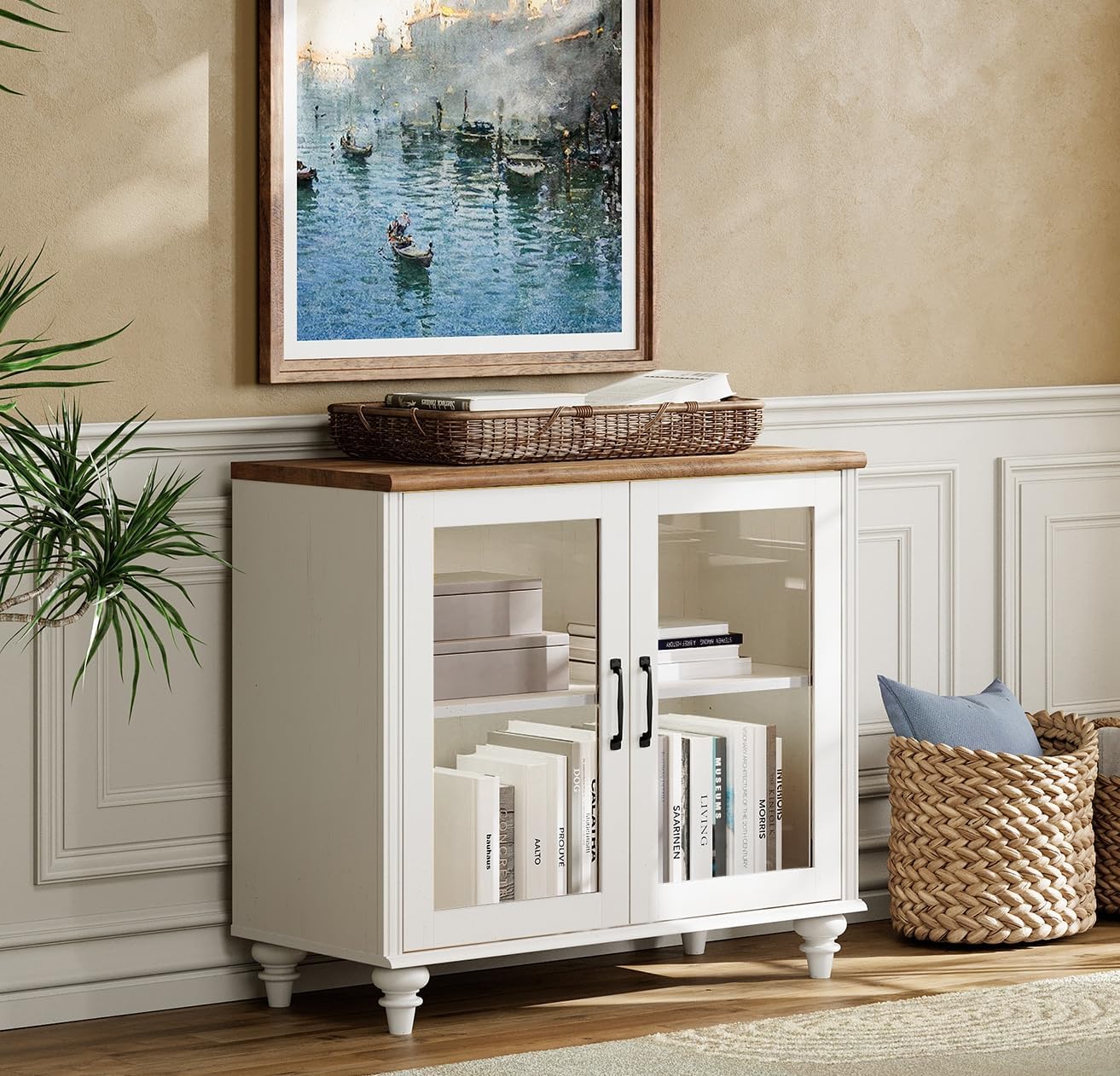 WAMPAT Sideboard Buffet Cabinets with Glass Door, Kitchen Storage Cabinets with Curved Edge, Wood Coffee Bar Tables with Vintage Gourd Leg, Accent Table for Dining Room, Living Room, Off White
