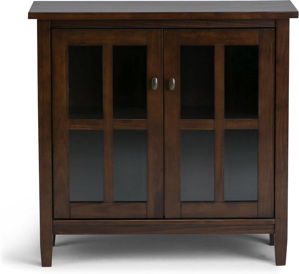 SIMPLIHOME Warm Shaker Storage Cabinet - 32 inch Wide Solid Wood 2-Shelf Low Storage Cabinet in Tobacco Brown, Transitional Accent Cabinet for Entryway with Tempered Glass Doors and Shelves
