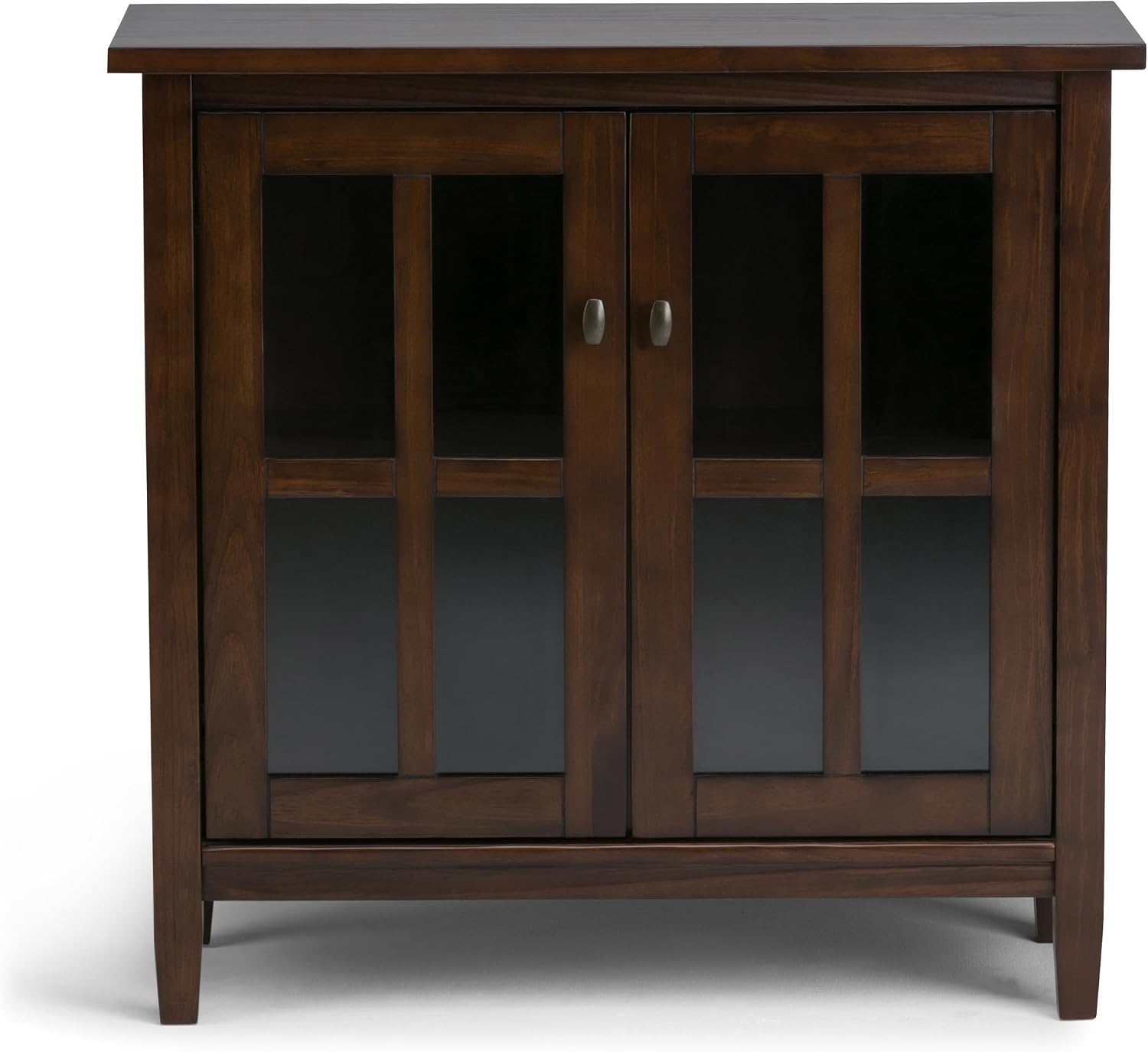 SIMPLIHOME Warm Shaker Storage Cabinet - 32 inch Wide Solid Wood 2-Shelf Low Storage Cabinet in Tobacco Brown, Transitional Accent Cabinet for Entryway with Tempered Glass Doors and Shelves