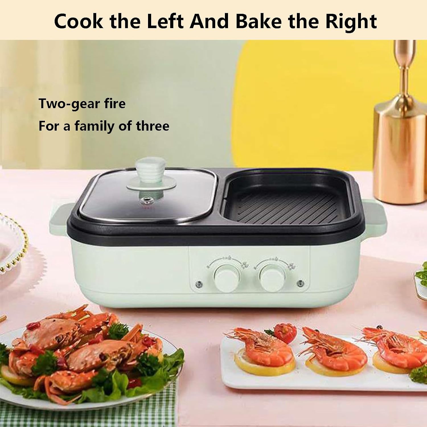 Electric Hot Pot Barbecue Pot, Shabu Pot BBQ Contact Grills with Dual Disc Design, Food Barbecue Grill Skillets for Family Gatherings, Double Temperature Control 1300W,green
