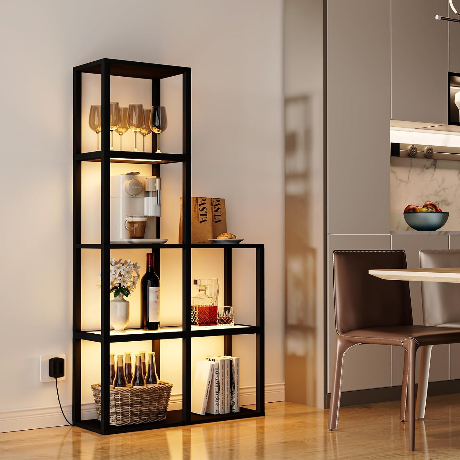 VILICK Display Shelf with LED Light Standing Floor Lamp with Glass Storage Shelves for Collectibles, 5 Tier Tall Corner Shelf Open Curio Cabinet for Living Room, Bedroom, Office, Home Decor