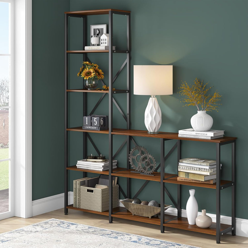 Tribesigns Modern 9 Shelves Bookshelves, Industrial Stepped Ladder Corner Etagere Bookcase, Rustic 6-Tier Display Open Shelf Storage Organizer for Living Room