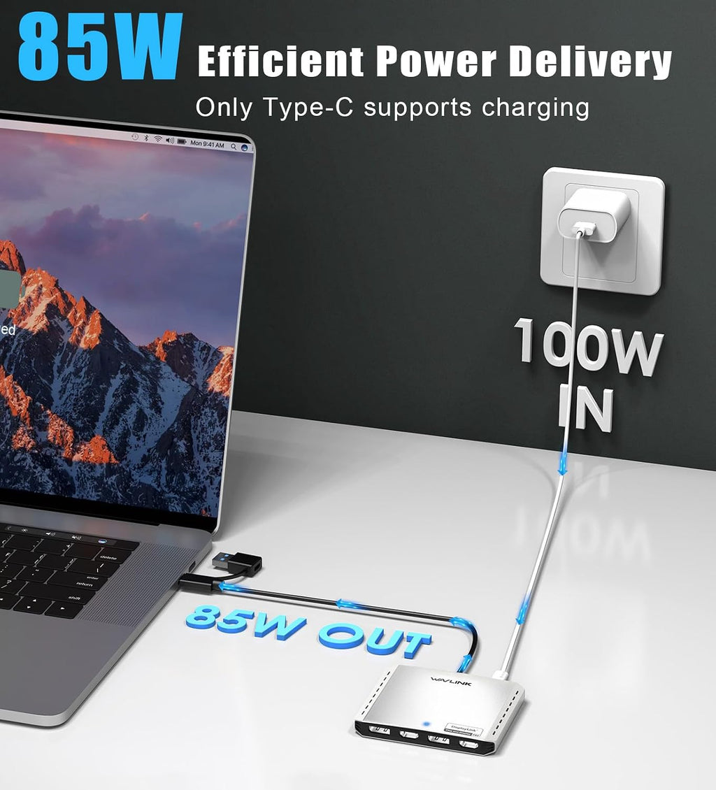 WAVLINK USB C to 4K HDMI & DP Adapter, Extended Quad Displays for Mac/Windows, Dual 8K or Quad 4K Monitors Splitter, DP Port Supports 120Hz high-Refresh, with PD 85W for Laptop (DL-7400)