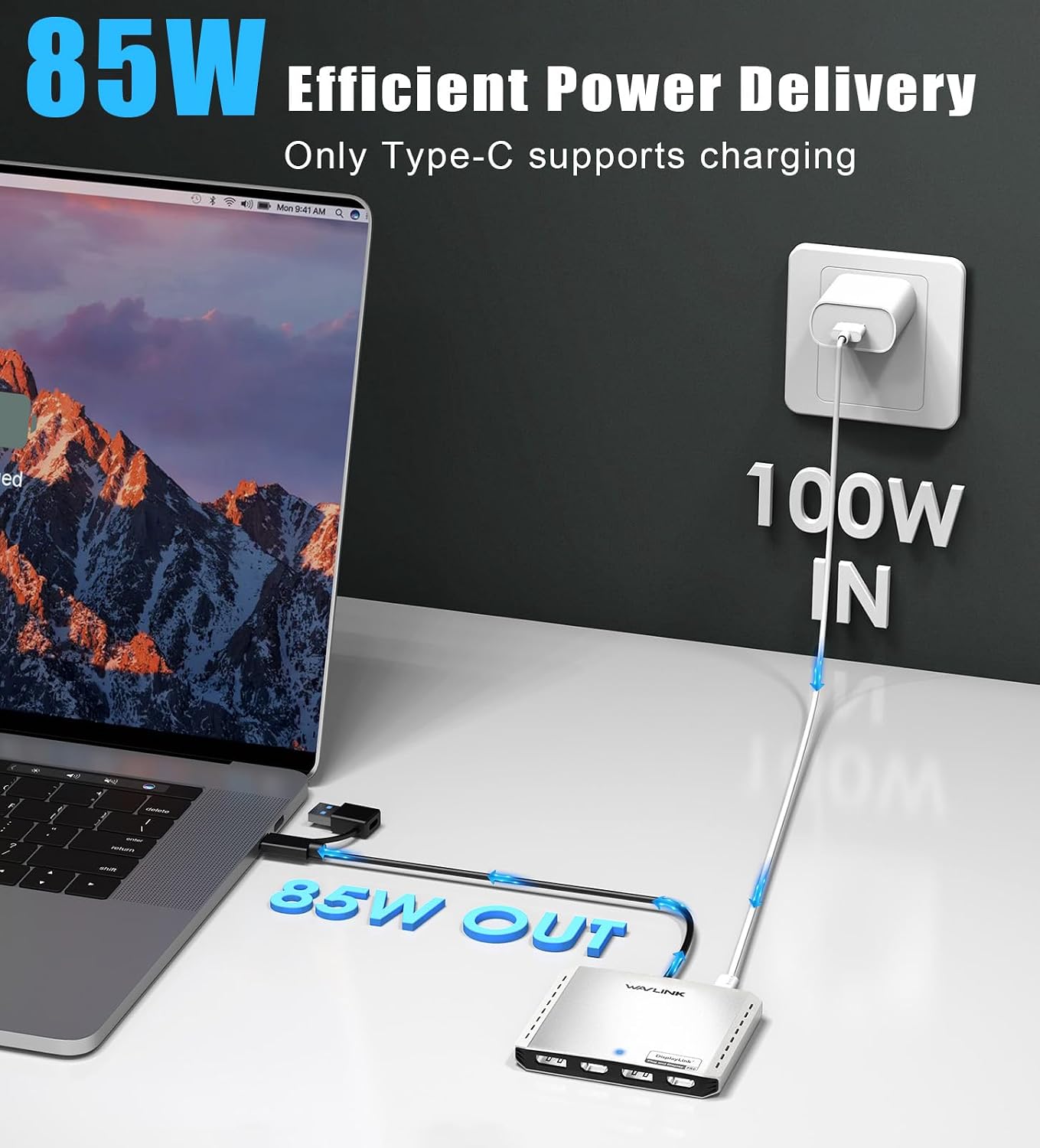 WAVLINK USB C to 4K HDMI & DP Adapter, Extended Quad Displays for Mac/Windows, Dual 8K or Quad 4K Monitors Splitter, DP Port Supports 120Hz high-Refresh, with PD 85W for Laptop (DL-7400)