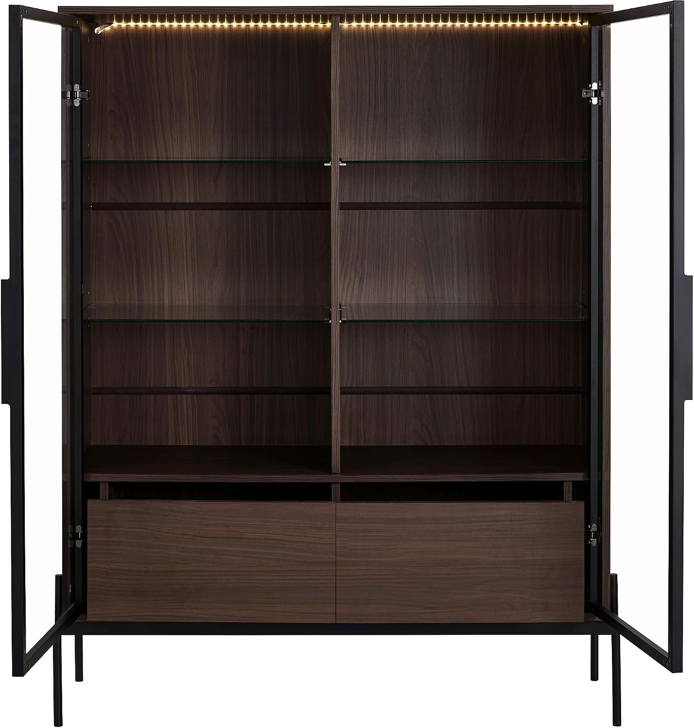 JOSHEN 51' Modern LED-Lit Showcase Cabinet, Lego Display Case with 2 Drawers, Lego Display Shelves 4-Tier Adjustable for Home Office Living Room, Black + Dark Walnut