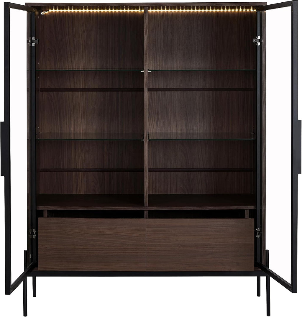 51' Minimalist Aluminum-Frame Showcase Cabinet, Lego Display Case with LED Lighting, Lego Display Shelves with Adjustable Glass Shelves & Drawers for Home Office Living Room, Black + Dark Walnut
