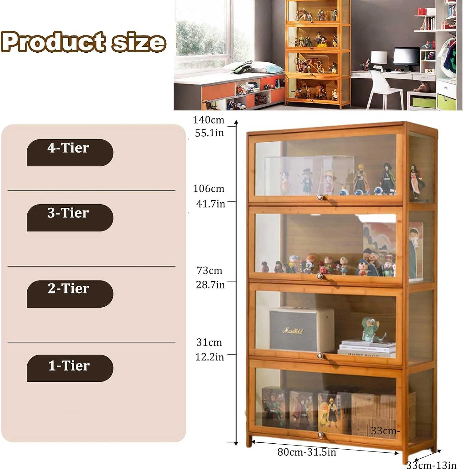 Display Cabinet Curio Cabinet with Acrylic Doors, Figures and Curio Collection Display Case, Floor Standing Clear Showcase for Living Room Bedroom,Gray,L31.5xW12.6xH41.7in