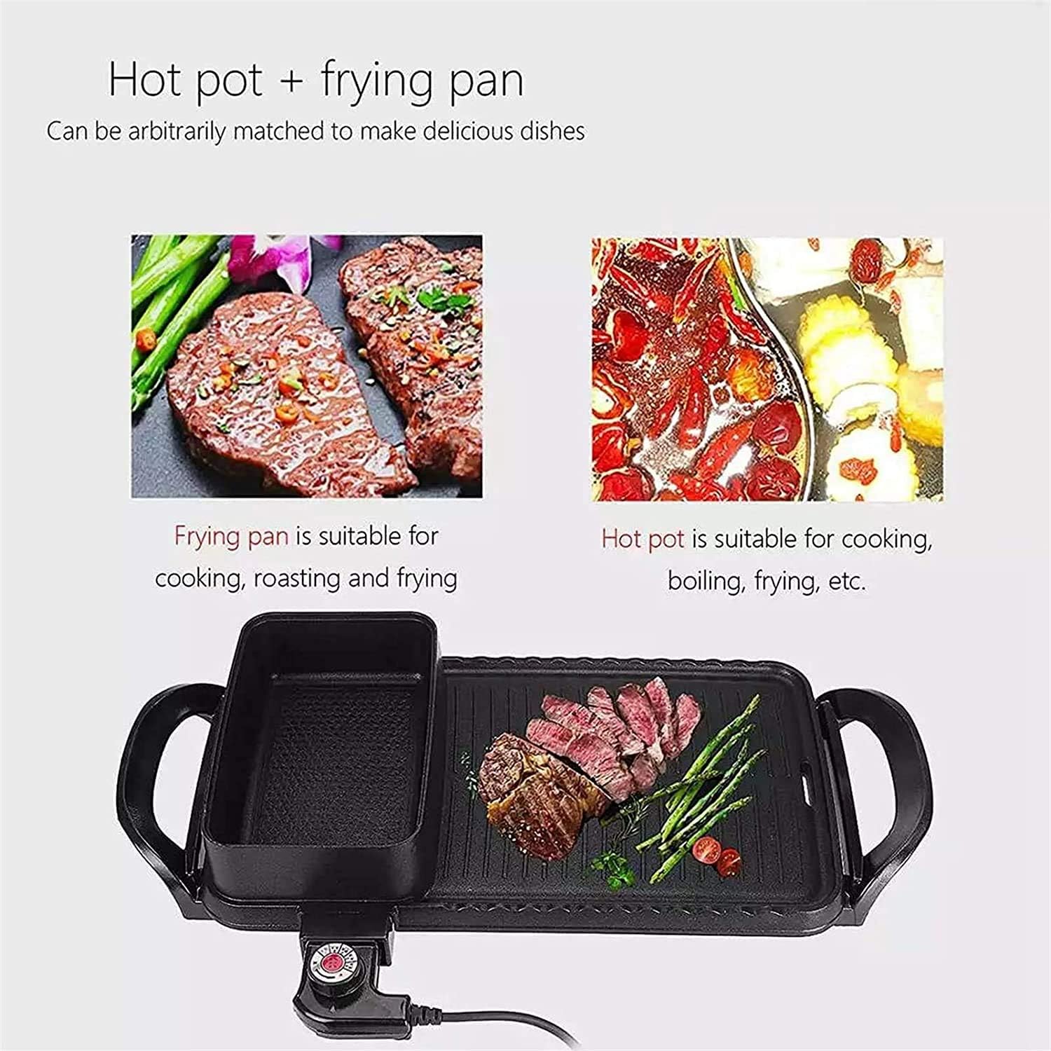 Electric Grill with Hot Pot 2 in 1 Indoor Korean BBQ Grill and Pot with Divider 1600W Separate Dual Temperature Control, Capacity for 2-8 People,Household Nonstick Electric G