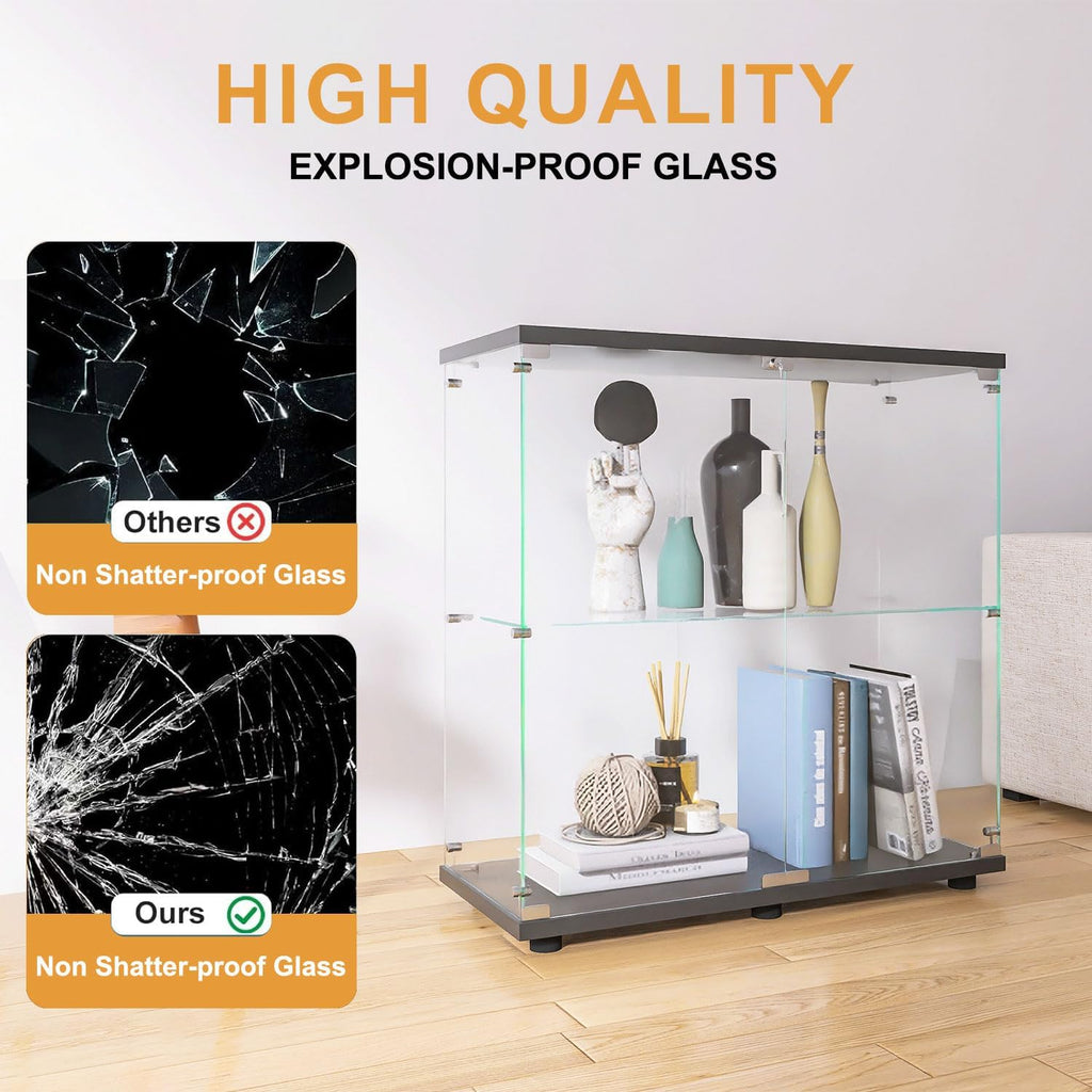 Display Cabinet with Glass Doors, Glass Display Cabinet with Lock, 2-Tier Curio Cabinet&Bookcase for Collectibles, Toys, Books, Glass Storage Cabinet, 32' W x 34' H x 14' D
