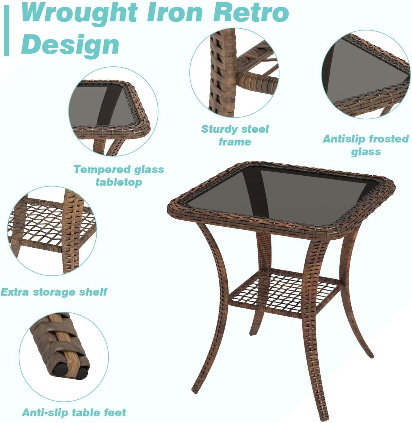 EROMMY 3 Pieces Patio Furniture Set, Outdoor Swivel Rocker Patio Chairs, Wicker Patio Bistro Set with Rocking Chair, Thickened Cushions and Glass Coffee Table for Backyard, Garden, Blue