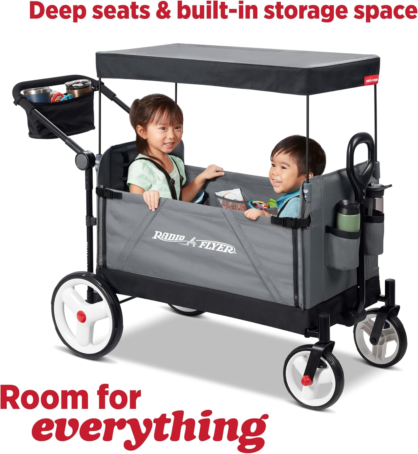 Radio Flyer City Luxe Stroll 'N Wagon, for Ages 1+, 3-in-1 Push or Pull, with Bench Mode, Easy Fold, UV Canopy, 5-Point Harnesses, Front Caster Wheels & 12' Rear Wheels, Stroller Wagon for Kids