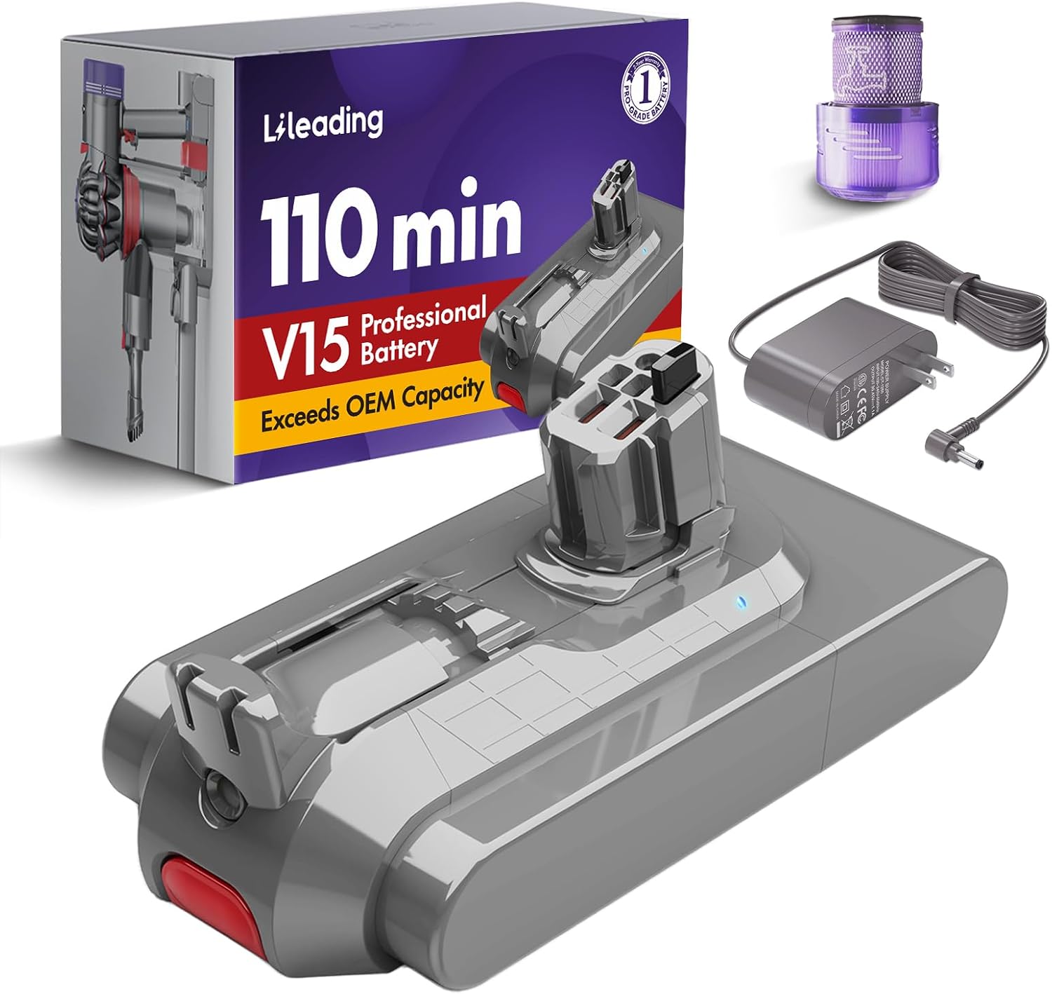 V15 110-Min Runtime Battery Replacement: with Samsung Battery Cells, Compatible with Dyson V15 Models, Animal, Torque Drive, Outsize, SV15/16/22/28/29, 970425-01, Includes Filter & Charger