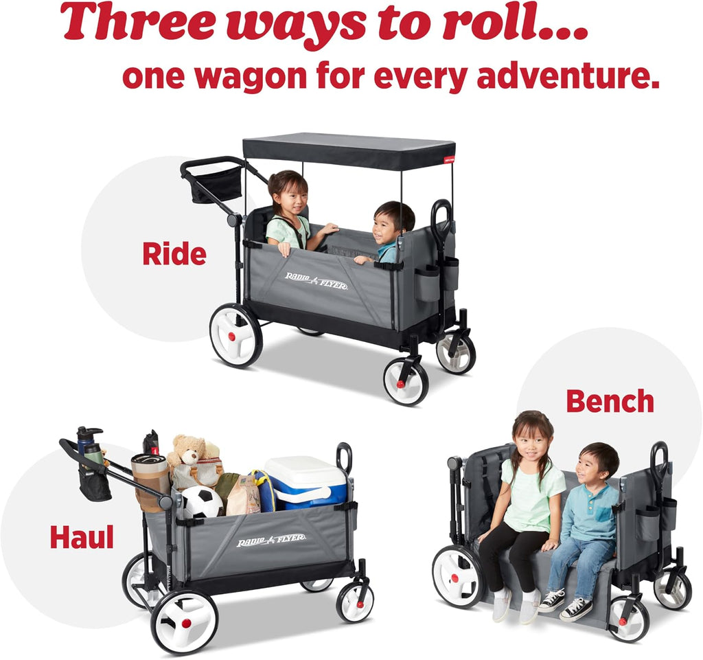 Radio Flyer City Luxe Stroll 'N Wagon, for Ages 1+, 3-in-1 Push or Pull, with Bench Mode, Easy Fold, UV Canopy, 5-Point Harnesses, Front Caster Wheels & 12' Rear Wheels, Stroller Wagon for Kids