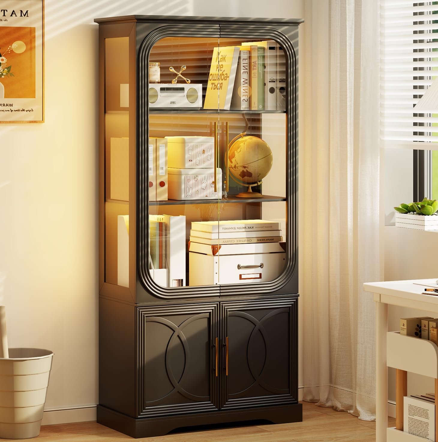 Lareth Display Curio Cabinet with Glass Doors, 69 in Tall Bookcase with LED Lights, Storage Cabinet|Kitchen Pantry Cabinet, 5 Tier Glass Display Case for Living Room, Home Office, Black
