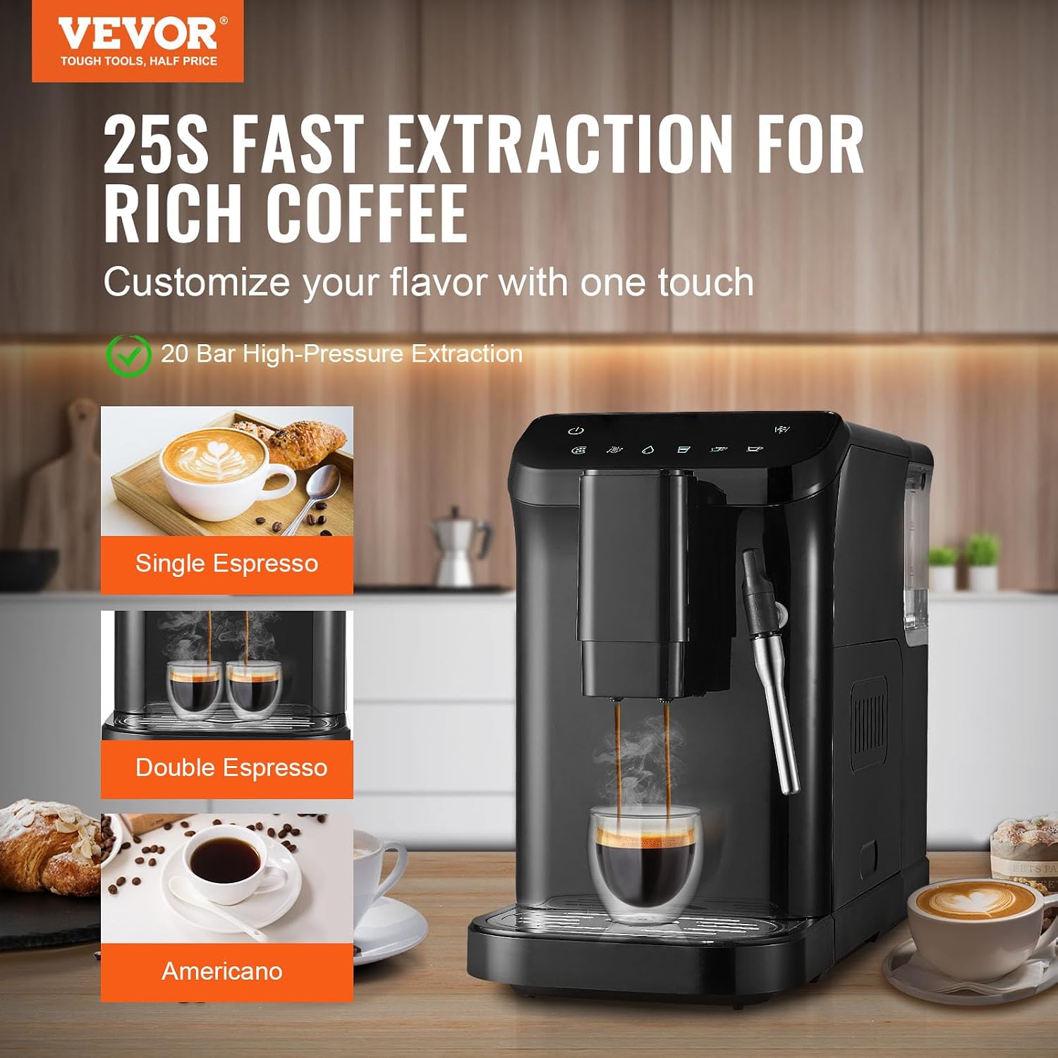 VEVOR Automatic Espresso Machine, 20 Bar Auto Coffee Machine with Frother Steam Wand, Built-In Grinder and 15-Level Grinding Settings, Professional Espresso Coffee Maker with 1.5L Water Tank