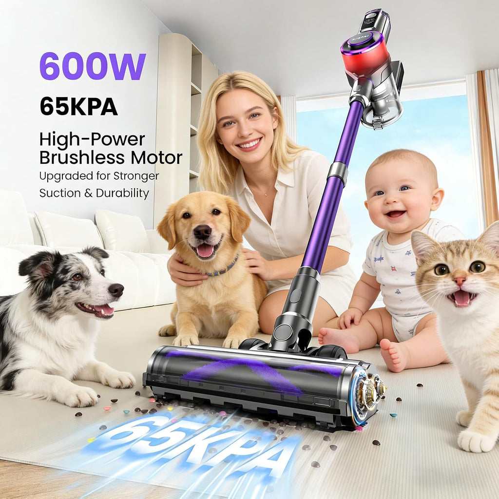 Cordless Vacuum Cleaner,600W 65KPA Dual Motor Vacuum for Home with AI Auto Suction,70Min Runtime,Stick Vacuums with Self-Standing Design,LED Headlights for Carpet,Hardwood Floors,Pet Hair,Tile