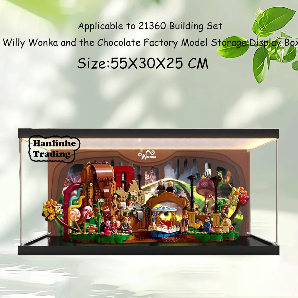 Acrylic Display Case for Lego 21360 Willy Wonka and The Chocolate Factory Building Set– Dustproof Display Box, Display Box Compatible with Lego 21360-Only Display case (Back Spray+LED Light 2)