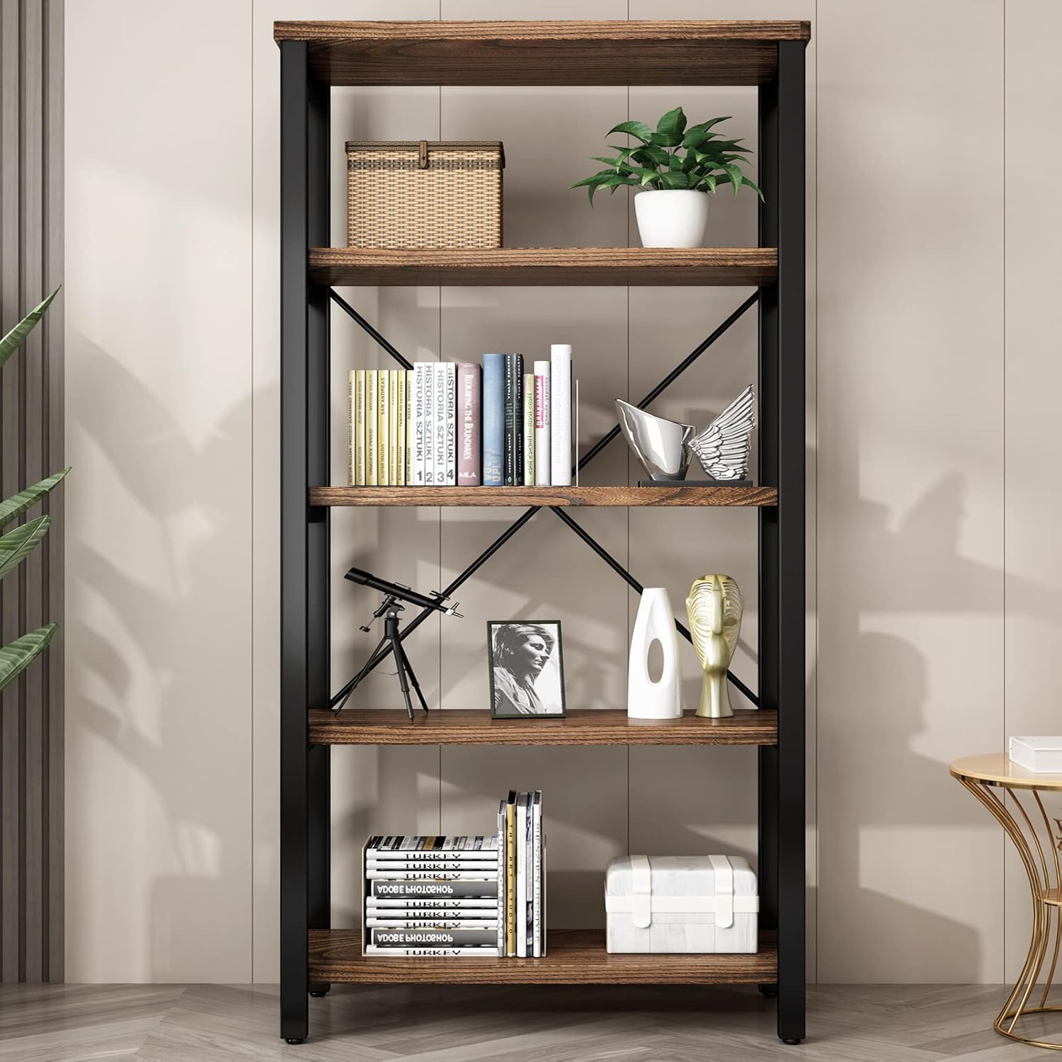 AY-AOYUAN 5 Tier Industrial Solid Wood Bookshelf, Open Etagere Bookcase with Metal Frame, Vintage Industrial Style Bookcase/Metal and Wood Bookshelf Furniture (AY01-5tier)