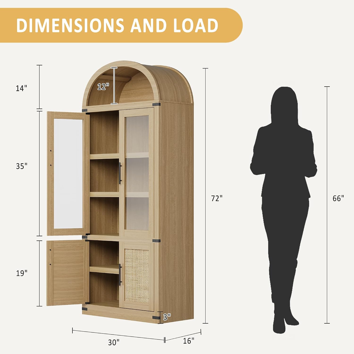 GarveeHome Arched Bookcase with Doors Modern 6-Tier Bookshelf with Storage Wooden Display Cabinet Farmhouse Storage Shelves for Living Room, Kitchen, Office