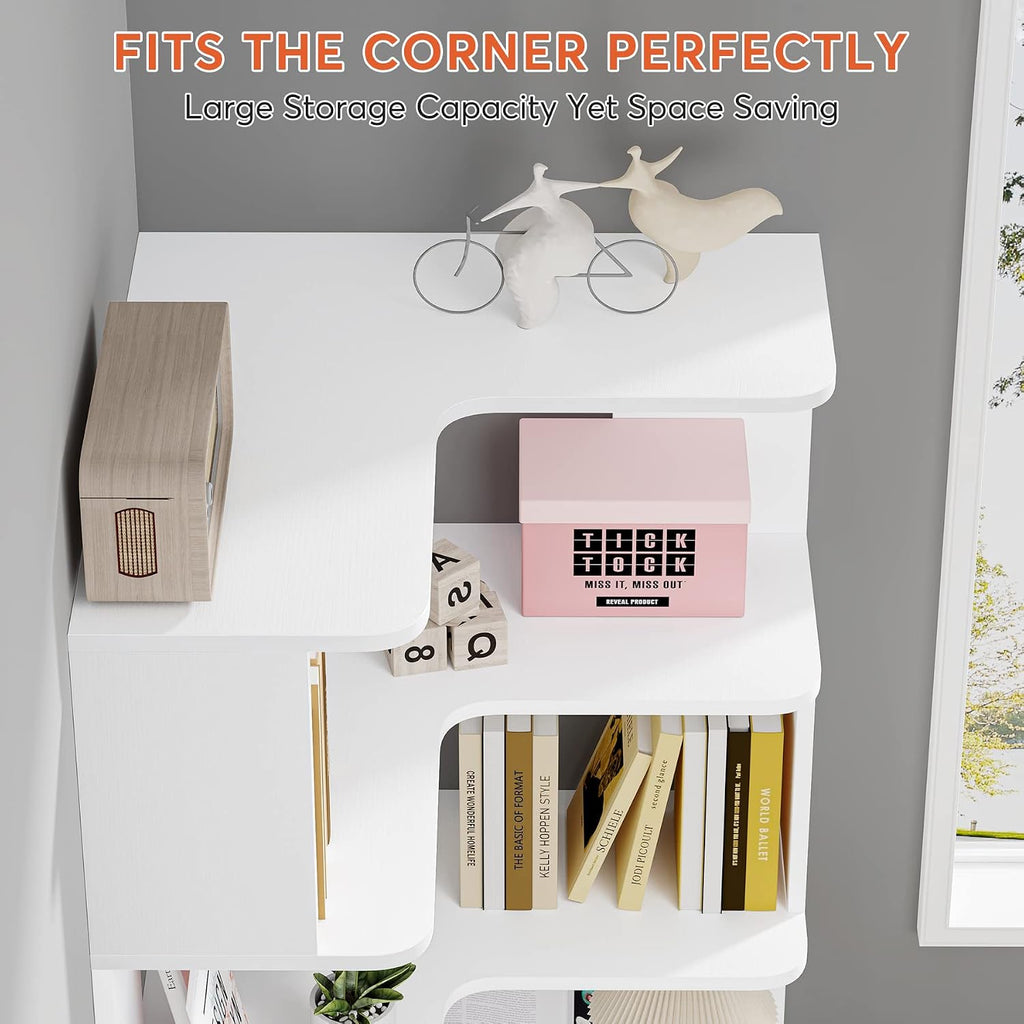 Tribesigns 6-Tier Corner Bookshelf, 64.9 Inches Tall Corner Book Shelf with Anti-Drop Panel, Modern Bookcase with Storage, Wood Display Shelving Unit for Home Office, Living Room, White