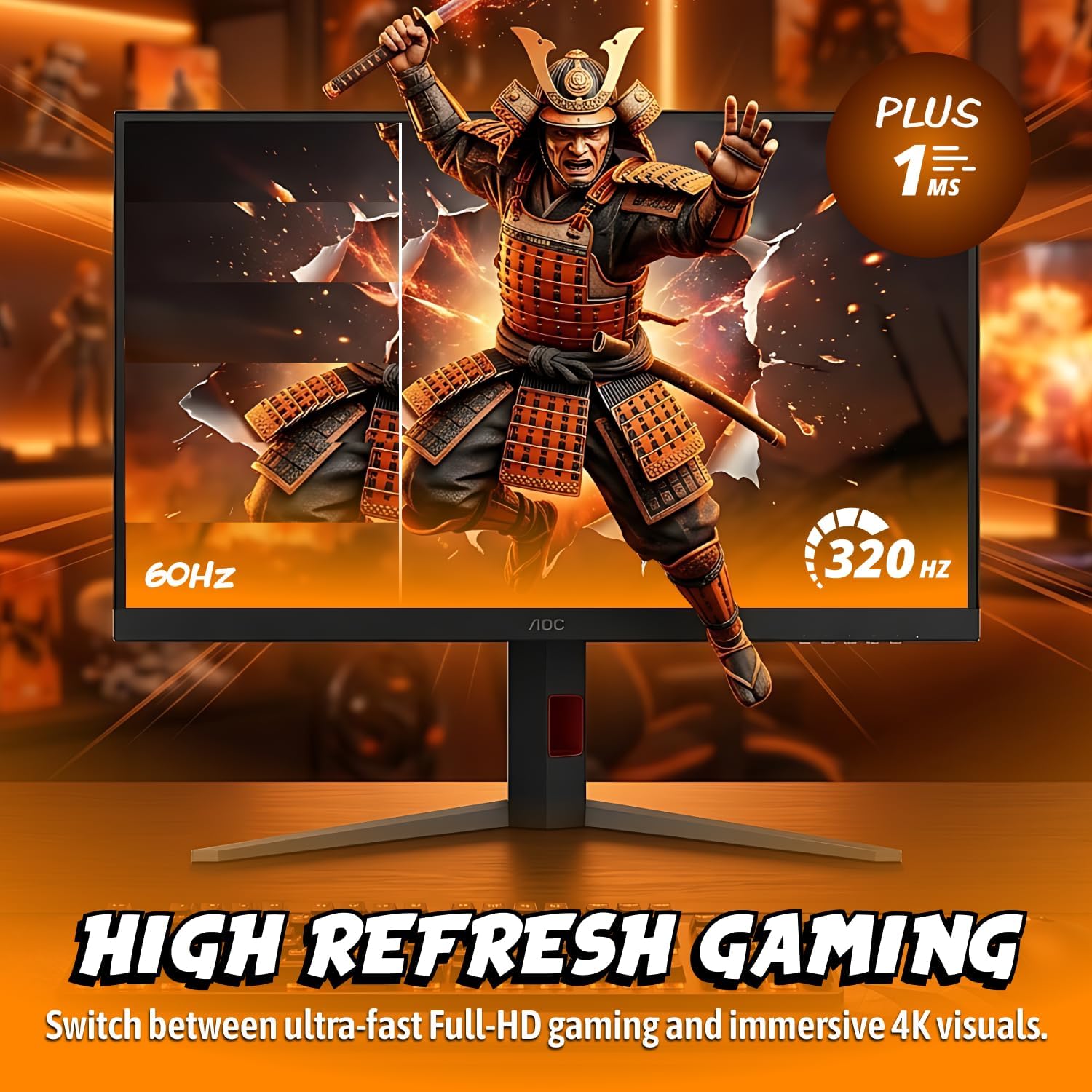 AOC 32 inch 4K Gaming Monitor, UHD 3840×2160 160Hz / FHD 320Hz Dual Mode, IPS Panel, 0.5ms MPRT, HDMI 2.1, DisplayPort 1.4, G-Sync Compatible, Height Adjustable Stand, U32G4
