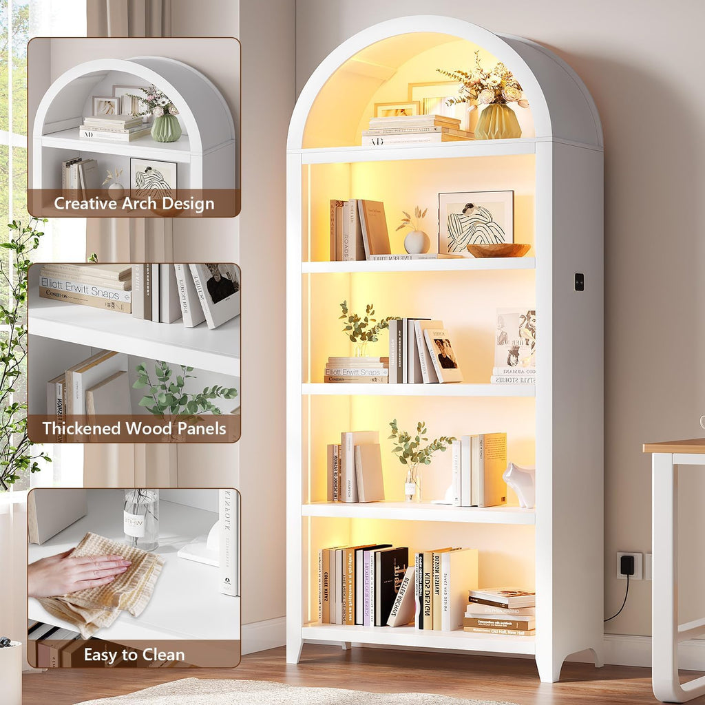 Arched Bookcase - 5 Layers Bookshelf with 3 Colors LED Sensor Lights and Thickened Wooden Design Display Shelf for Lego Books Bathroom Living Room - Ideal Gift (White)