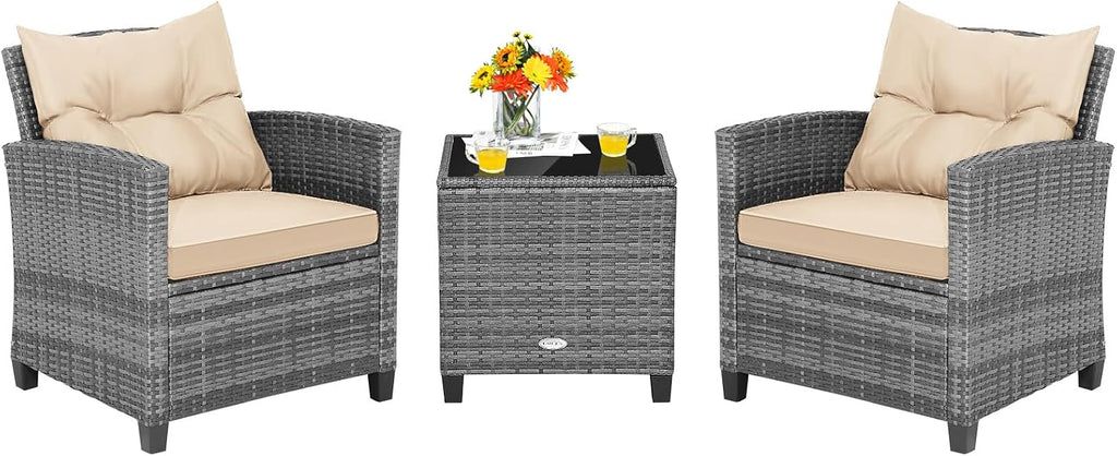 Tangkula 3 Pieces Wicker Patio Furniture Set, Outdoor Rattan Conversation Cushioned Chair Set with Tempered Glass Side Table, for Porch, Balcony and Garden