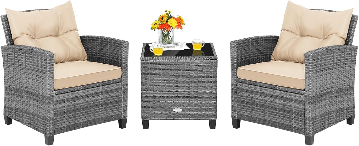 Tangkula 3 Pieces Wicker Patio Furniture Set, Outdoor Rattan Conversation Cushioned Chair Set with Tempered Glass Side Table, for Porch, Balcony and Garden