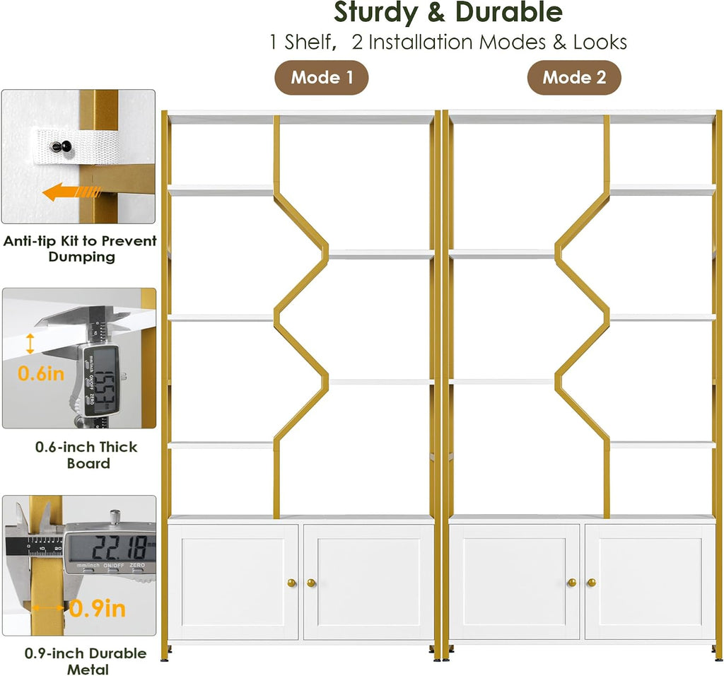 Keyluv 76' Tall Gold Bookshelf with Cabinet Storage, Multifunctional Open Display Bookcase with Door, Large Book Shelf Organizer for Living Room, Home, Office, Heavy Duty Metal & Wood, Modern White