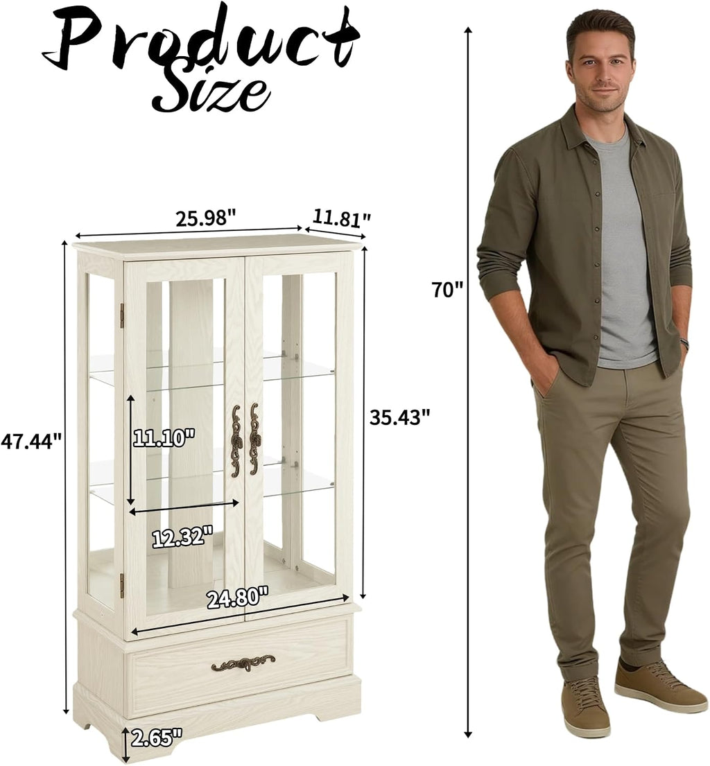 3-Tier Lighted Curio Display Cabinet, 47' H Glass Accent Storage Cabinet with Adjustable Glass Shelves & 1 Drawer, Wooden Wine Display Case with Mirrored Back Panel for Living Room (White)