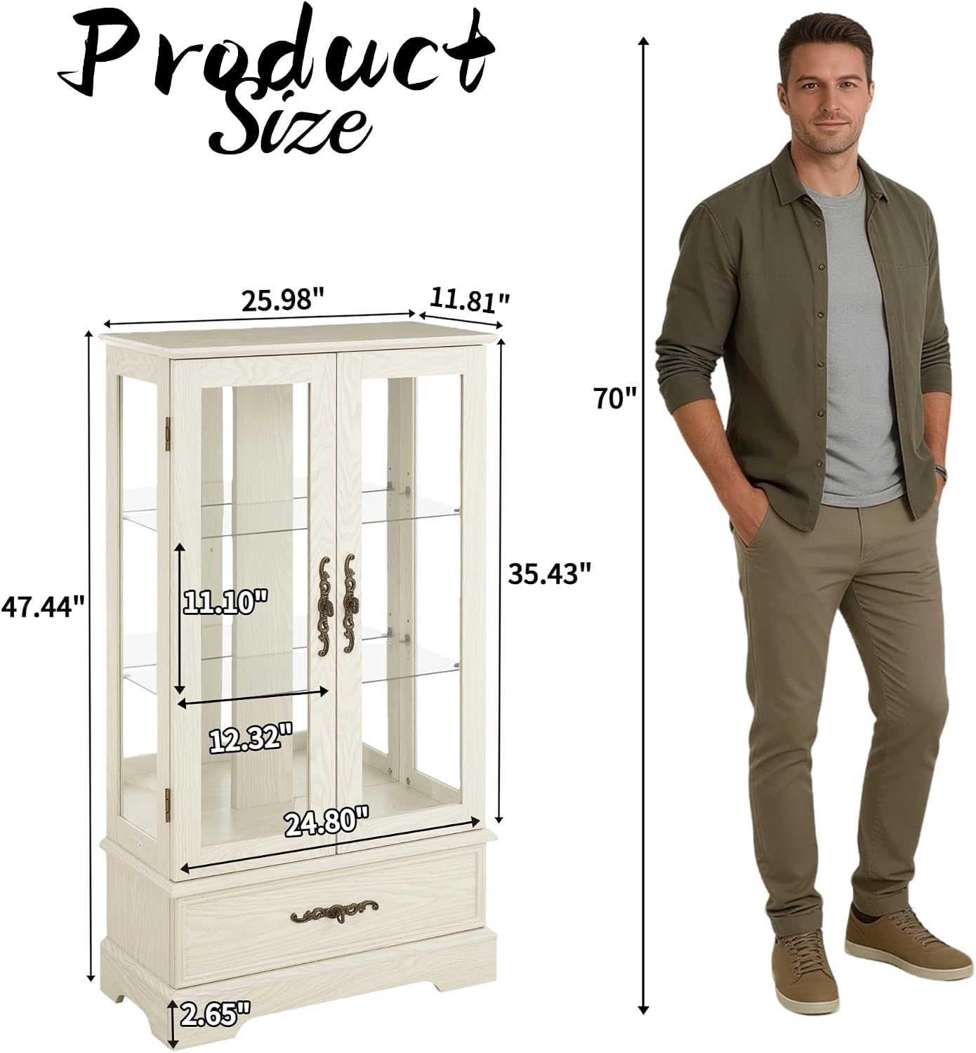 3-Tier Lighted Curio Display Cabinet, 47' H Glass Accent Storage Cabinet with Adjustable Glass Shelves & 1 Drawer, Wooden Wine Display Case with Mirrored Back Panel for Living Room (White)