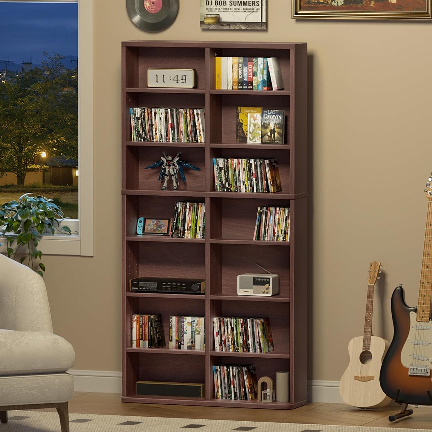 LELELINKY 7 Tier Tall Display Cabinet, Walnut Media Storage Cabinet with Adjustable Shelves, Free Standing DVD Organizer Shelf, Floor Multimedia Storage Manga Bookshelf for Living Room & Home Office.