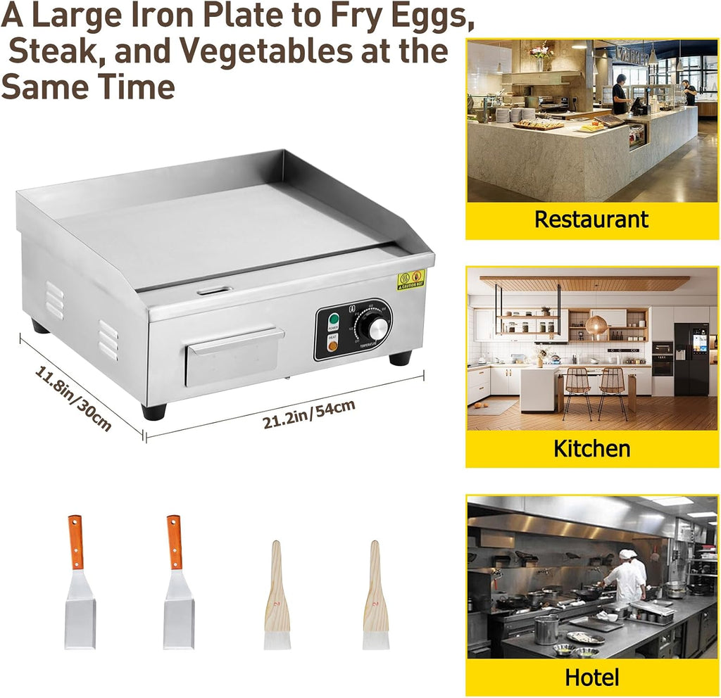1600W 22' Half Flat Top Electric Griddle – Commercial-Grade Stainless Steel, Adjustable Temp, 2 Shovels/Brushes & Plug Included
