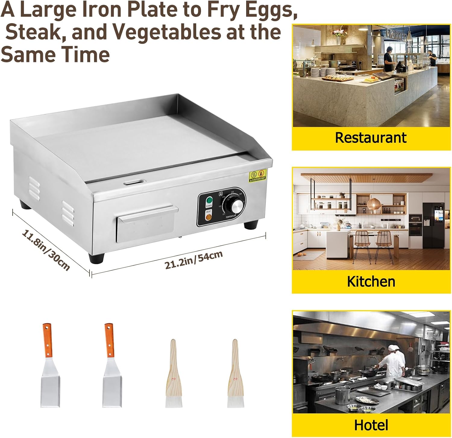 1600W 22' Half Flat Top Electric Griddle – Commercial-Grade Stainless Steel, Adjustable Temp, 2 Shovels/Brushes & Plug Included