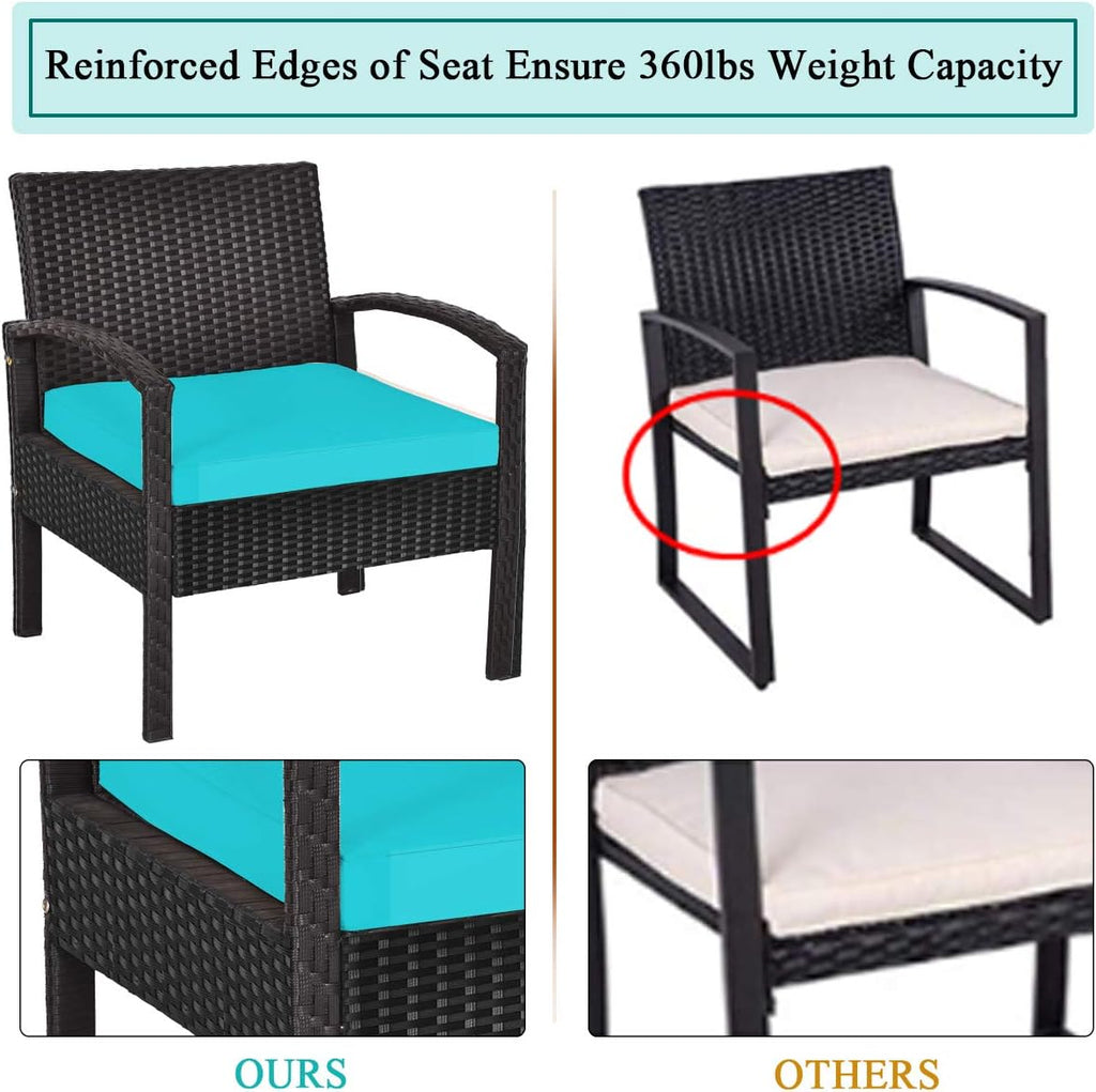 COSTWAY Rattan Patio Furniture Set 3 Pieces, Wicker Conversation Set with Tempered Glass Coffee Table, Seat Cushions, Outdoor Chair Wicker Sofa for Backyard Balcony Porch Poolside, Turquoise