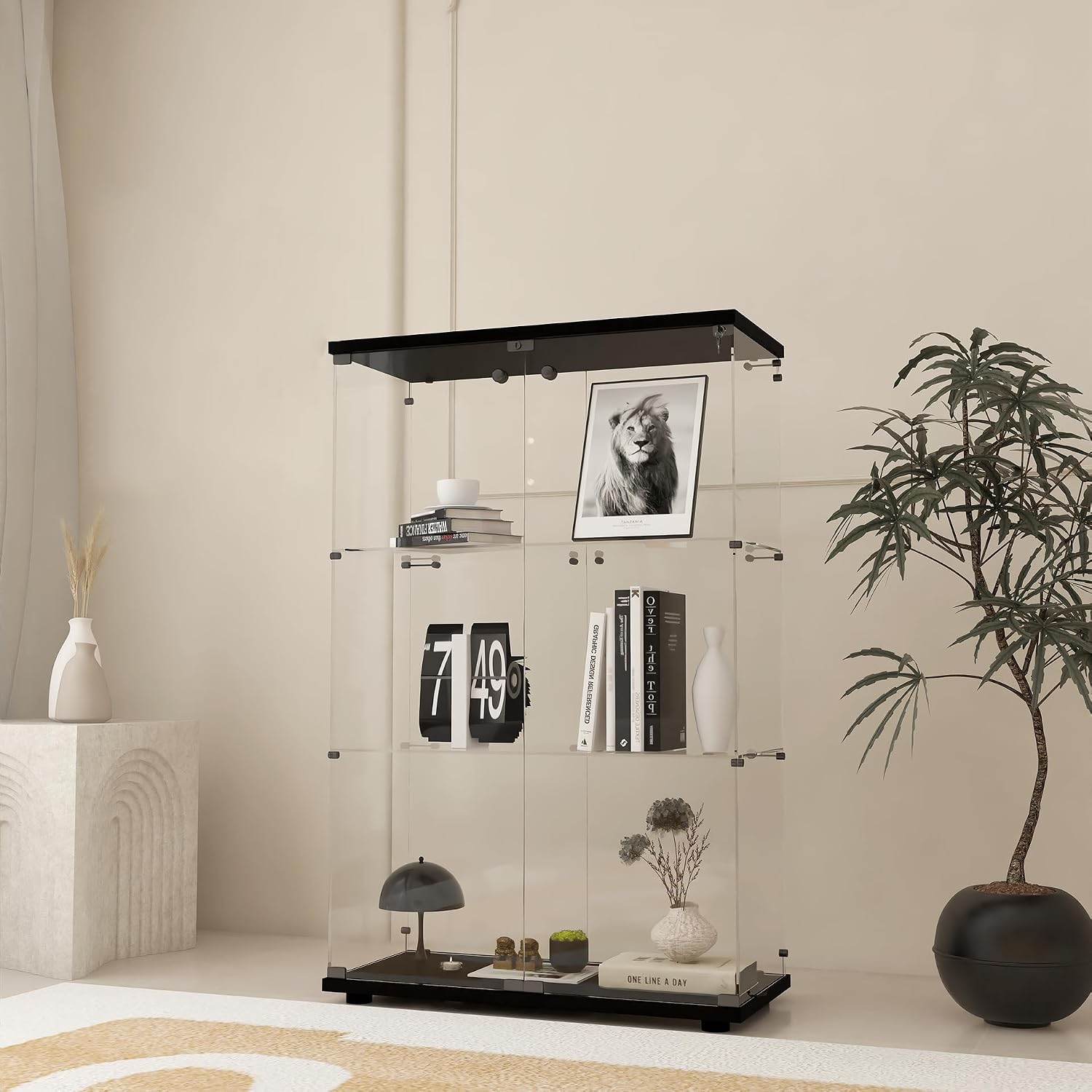 Modern 3 Shelf Glass Display Cabinet with 2 Doors, Clear Curio Cabinet Collection Display Case, Floor Standing Glass Bookshelf for Living Room Bedroom Home Office 32' W x 14.5' D x 50' H