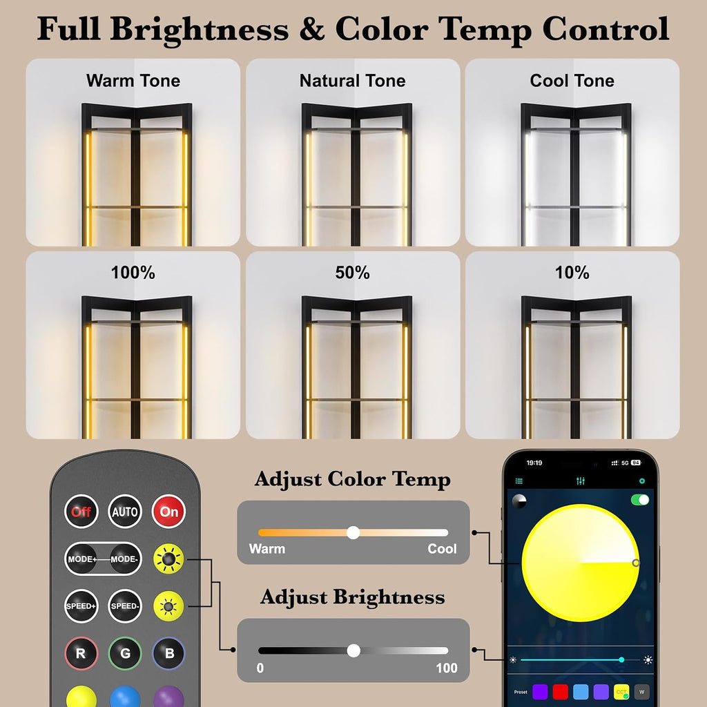 5-Tier Display Cabinet, Set of 2, 65' Tall Corner Shelf Stand with Storage, RGBWIC LED Light, Remote & APP Control, Adjustable Brightness/Color Temp, Floor Lamp Shelves for Living Room