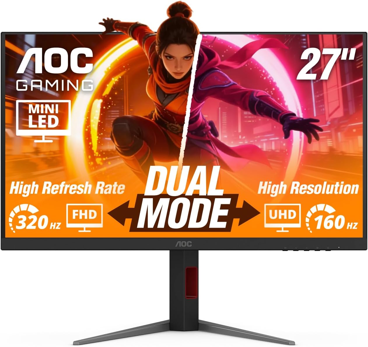 AOC 27 Inch 4K Gaming Monitor, Mini-LED IPS, 3840x2160 160Hz / FHD 320Hz, 1ms, HDMI 2.1, Display HDR 1000, G-SYNC Compatible, Height Adjustable Stand, USB Hub, U27G4XM
