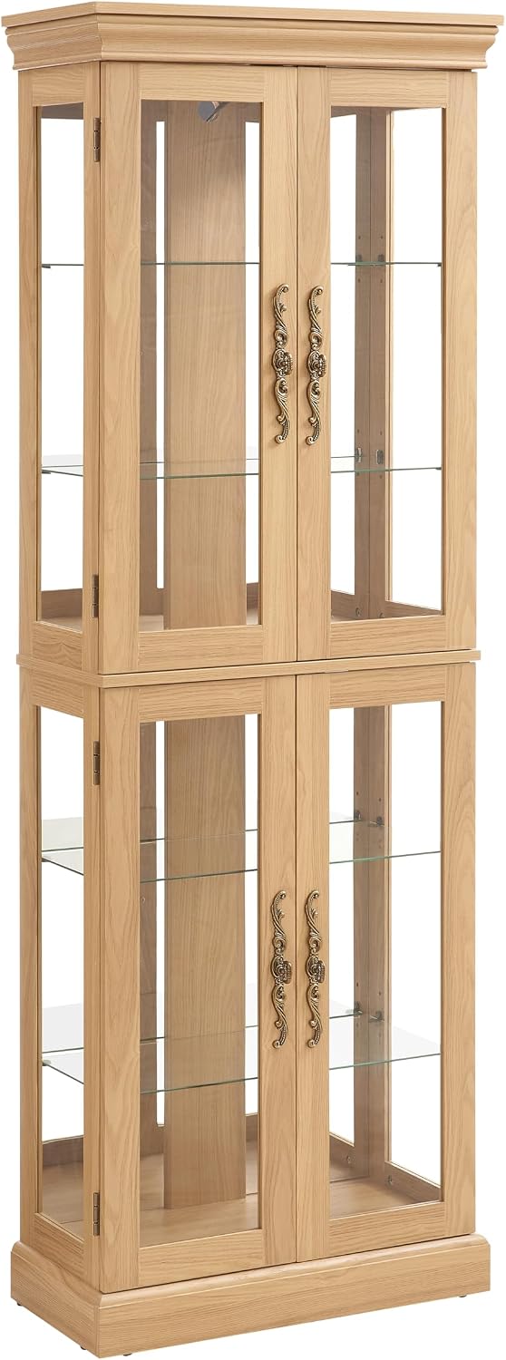 Lighted Glass Curio Cabinet with Lights & Adjustable Shelves,Corner Curio Display Cabinet with Wood Frame (Free Standing,Light Bulb Include)
