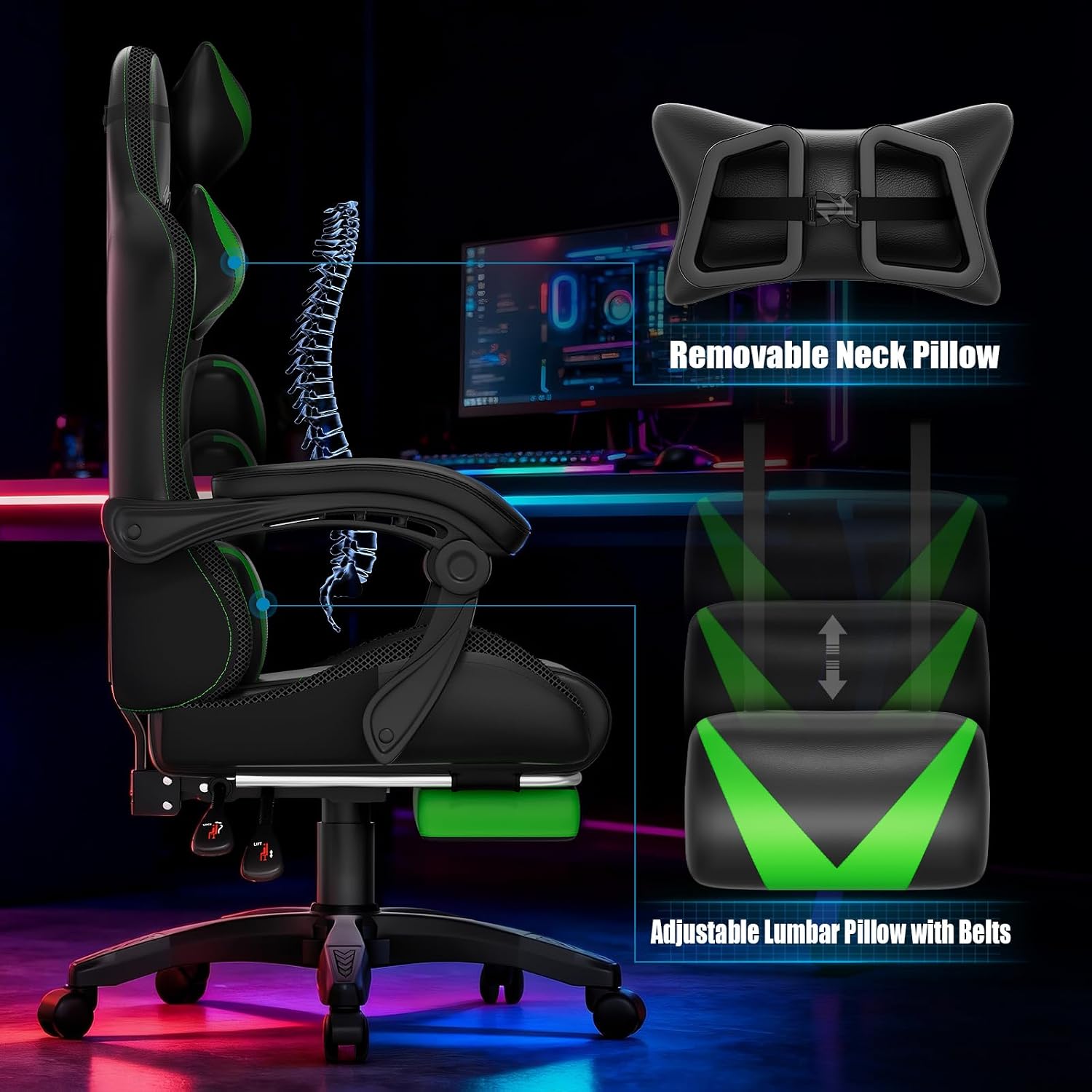 Czlolo Gaming Chair, Racing Style RGB LED Lights Gaming Chairs for Adults and Kids, Lumbar Massager Gamer Chair, High Back Reclining Computer Chair with Footrest and Headrest (Black/Green)