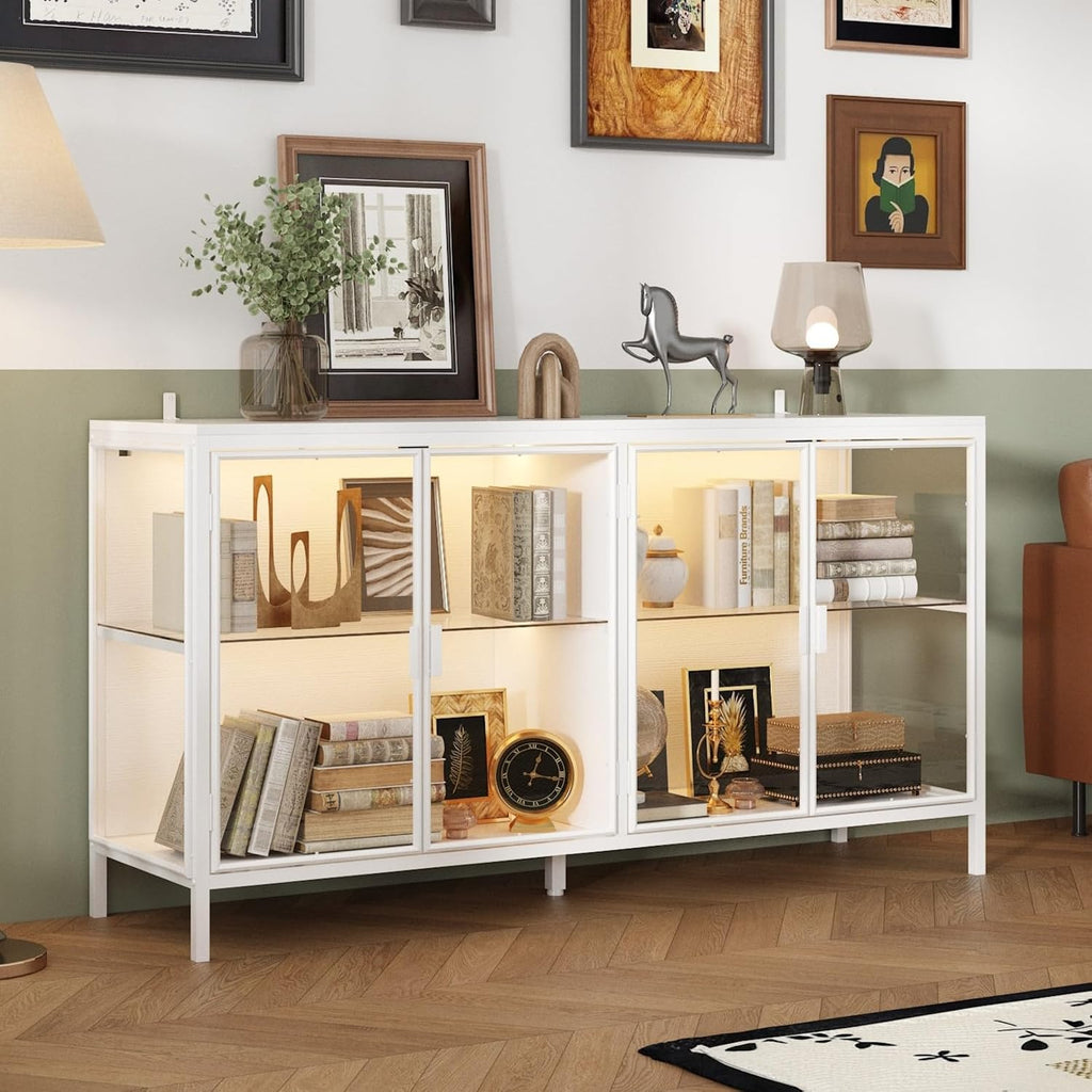 Display Cabinet with Glass Doors & LED Lights, Sideboard Buffet with Glass Shelves & Metal Frame, for Living Room White, 55.1'W x 15.7'D x 29.5'H