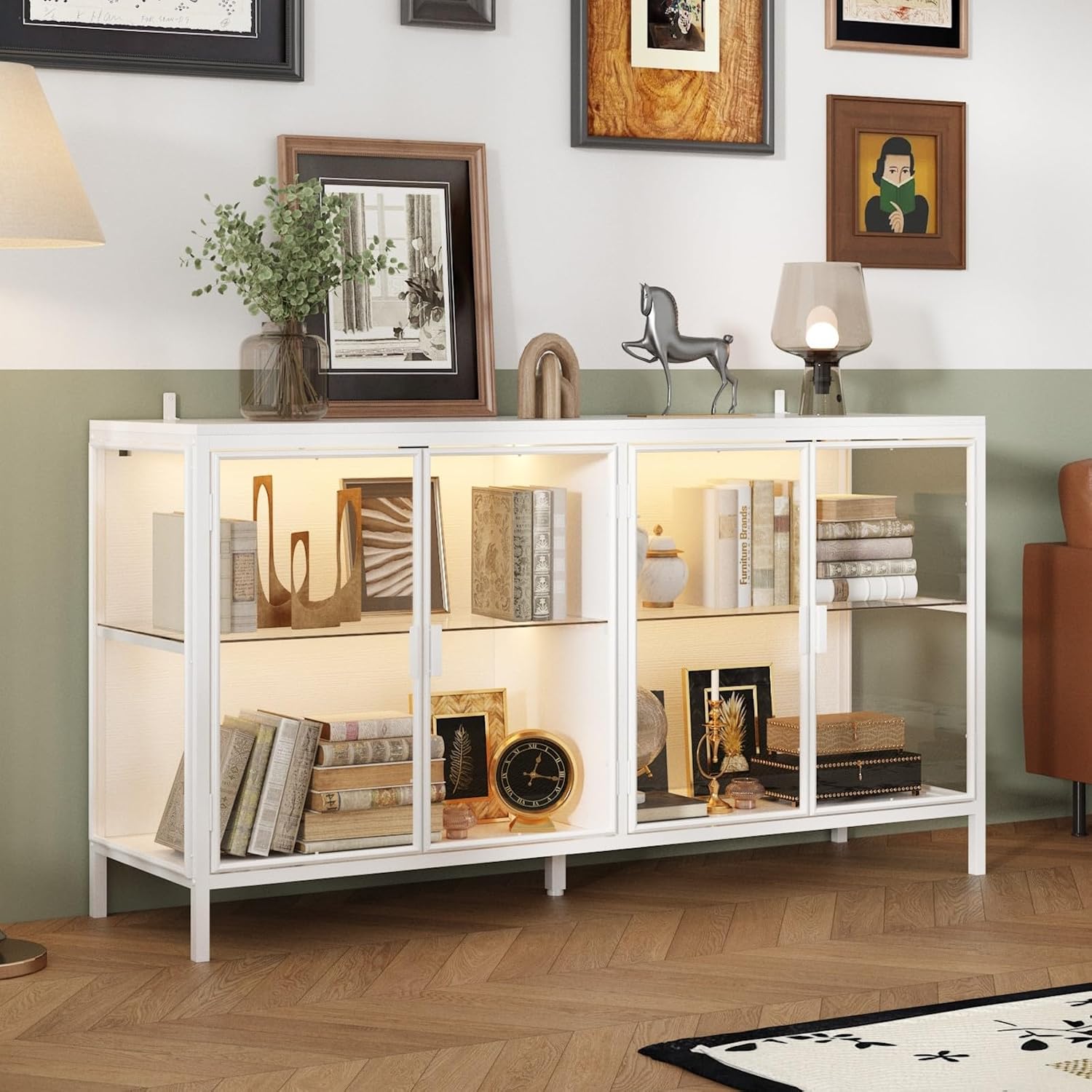 Display Cabinet with Glass Doors & LED Lights, Sideboard Buffet with Glass Shelves & Metal Frame, for Living Room White, 55.1'W x 15.7'D x 29.5'H