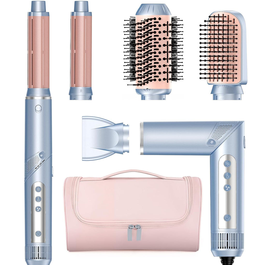 Hot Air Multi-Styler - 5 in 1 Professional Hair Wrap Styler Set with Air Curlers, Hair Dryer Brush, Straightener, Concentrator for Fast Drying Curling Straightening, Travel Case Included