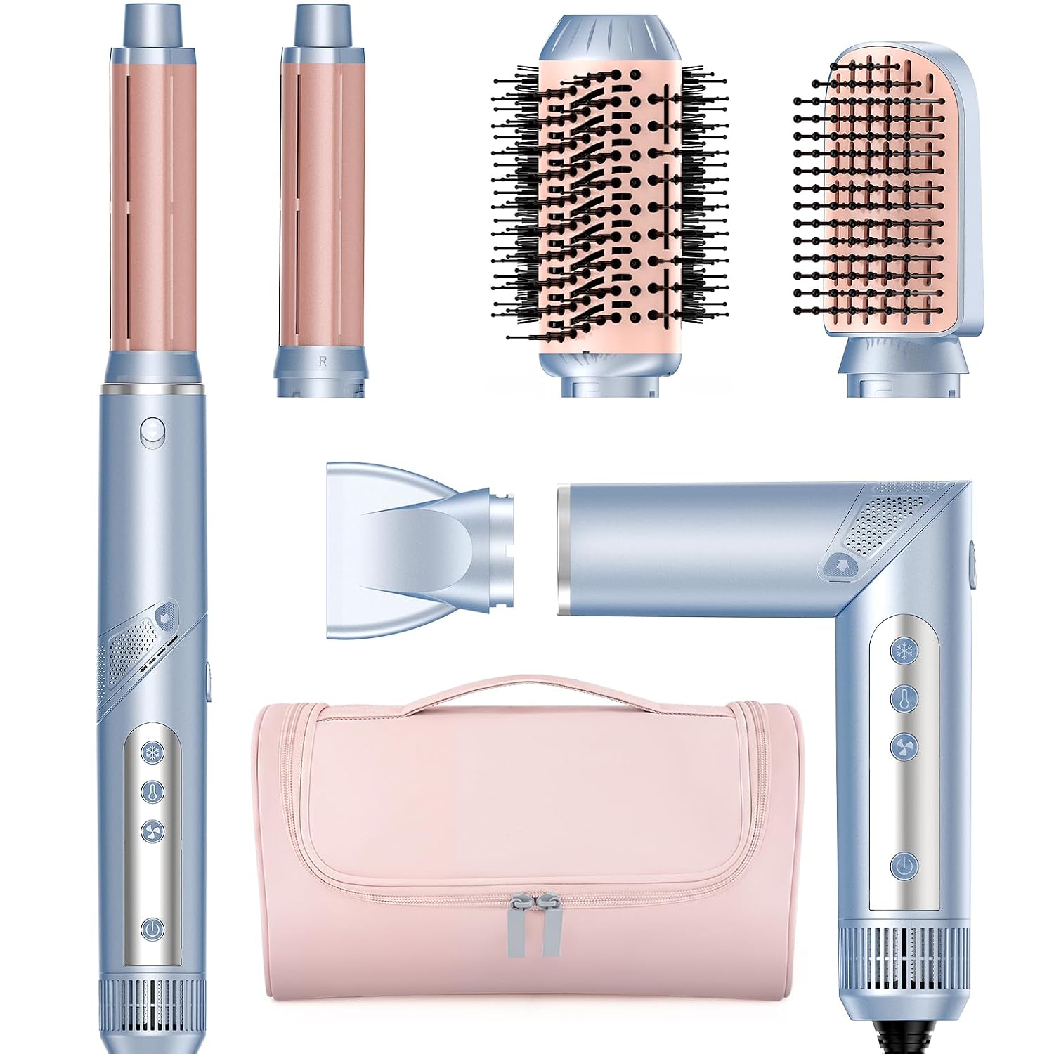 Hot Air Multi-Styler - 5 in 1 Professional Hair Wrap Styler Set with Air Curlers, Hair Dryer Brush, Straightener, Concentrator for Fast Drying Curling Straightening, Travel Case Included