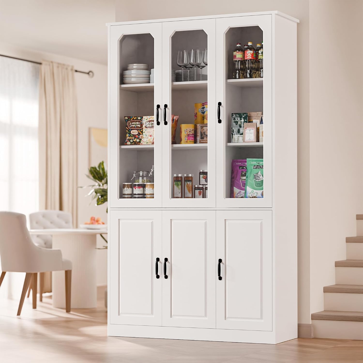 MU 78.7' Tall Kitchen Pantry with 3 Glass Doors, Freestanding China Cabinet with Adjustable Shelves, Large Kitchen Pantry Storage Cabinet Cupboard for Dining Room, Living Room, White (X-Large, 46' W)