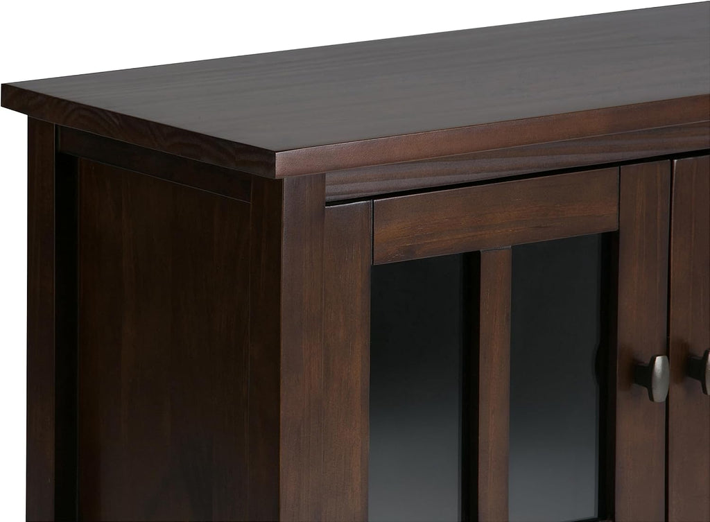 SIMPLIHOME Warm Shaker Storage Cabinet - 32 inch Wide Solid Wood 2-Shelf Low Storage Cabinet in Tobacco Brown, Transitional Accent Cabinet for Entryway with Tempered Glass Doors and Shelves