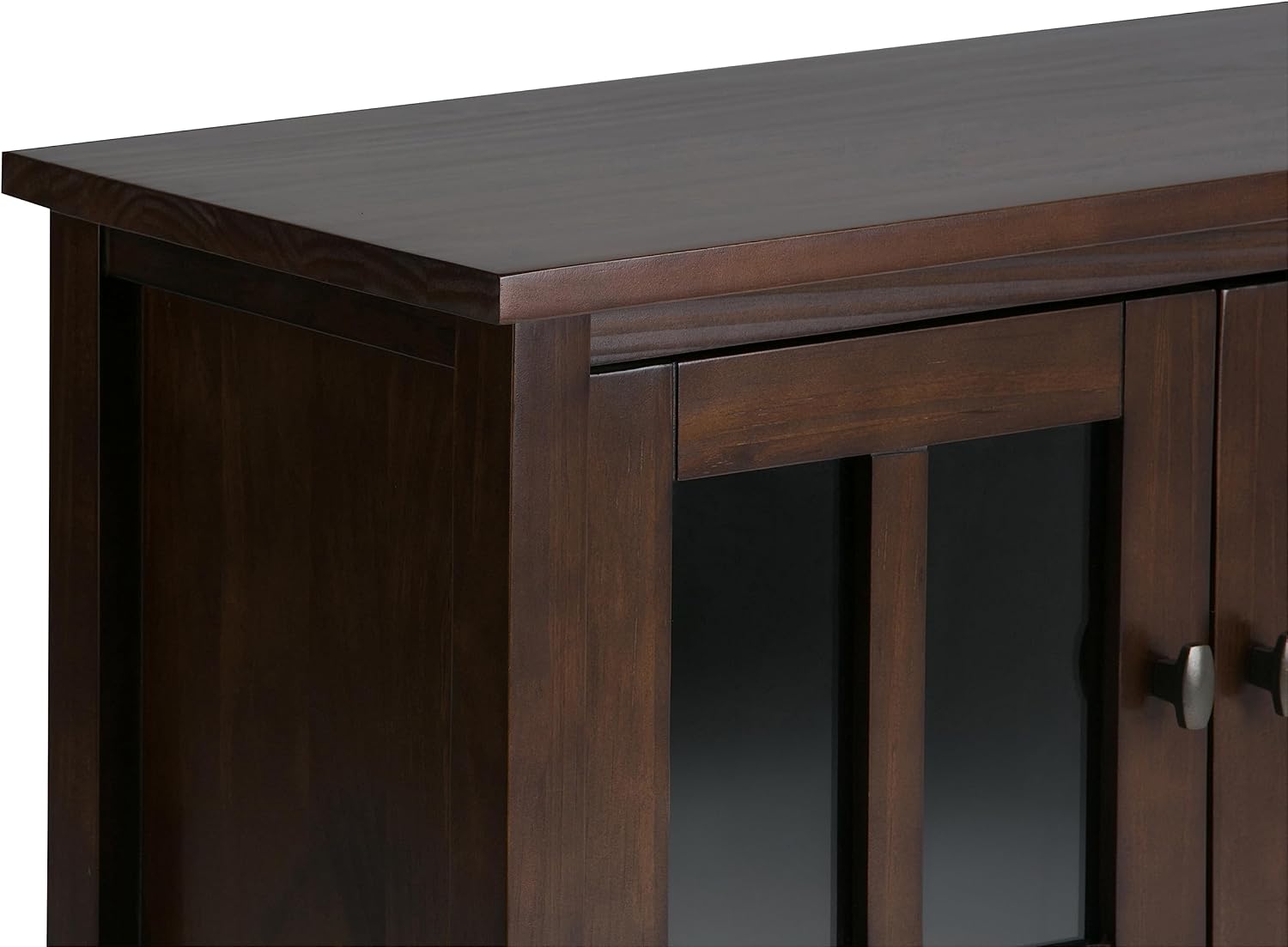 SIMPLIHOME Warm Shaker Storage Cabinet - 32 inch Wide Solid Wood 2-Shelf Low Storage Cabinet in Tobacco Brown, Transitional Accent Cabinet for Entryway with Tempered Glass Doors and Shelves